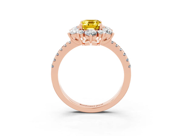 Rose gold Emerald Cut Yellow Sapphire Floral Halo Ring with Round Pavé Band and Prong Setting