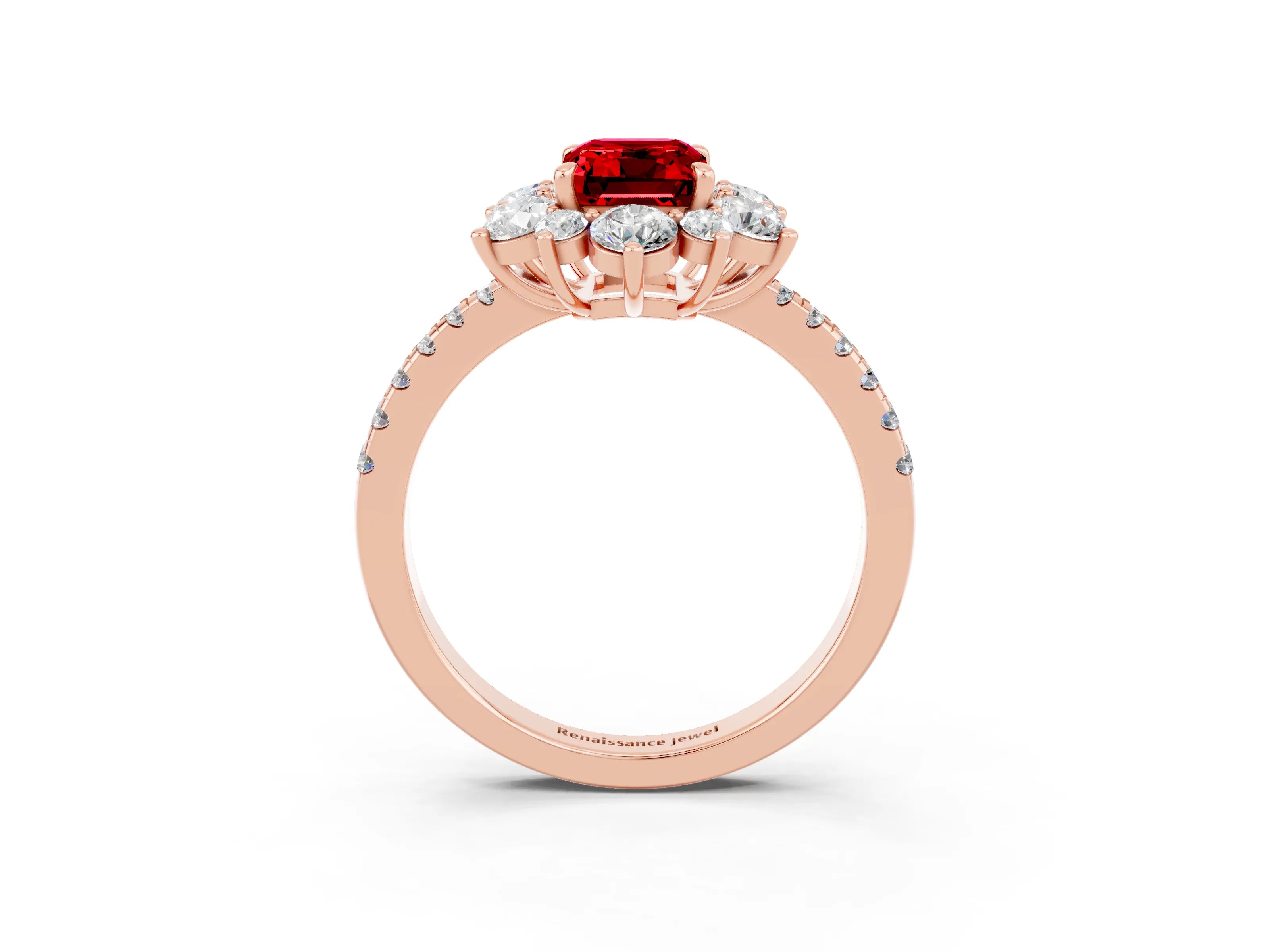 Rose gold Emerald Cut Cut Diamond Floral Halo Pave Band with Prong Setting_3