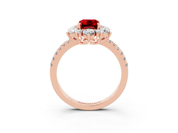 Rose gold Emerald Cut Ruby Floral Halo Ring with Round Pavé Band and Prong Setting