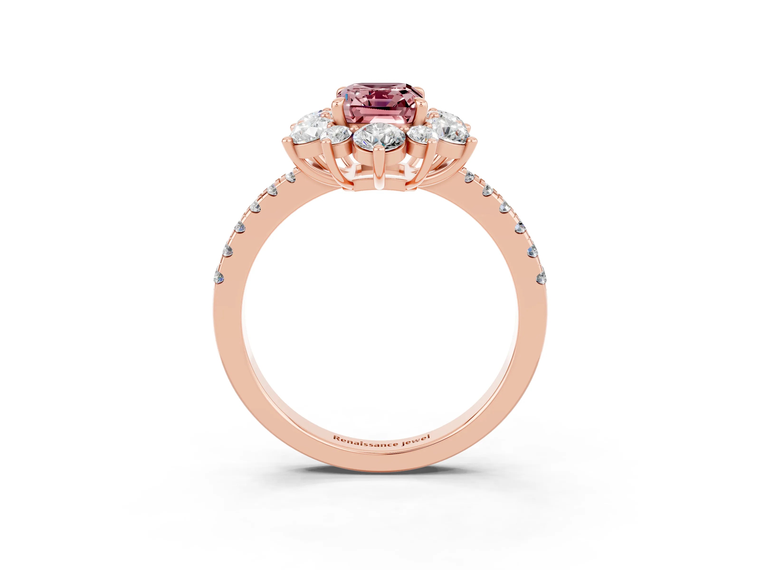 Rose gold Emerald Cut Cut Diamond Floral Halo Pave Band with Prong Setting_3