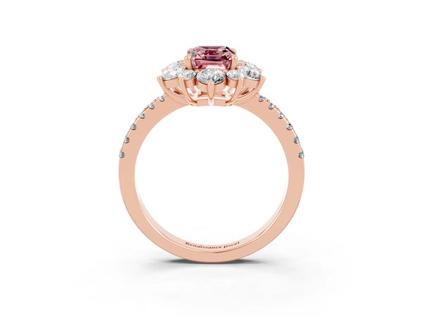 Rose gold Emerald Cut Cut Diamond Floral Halo Pave Band with Prong Setting