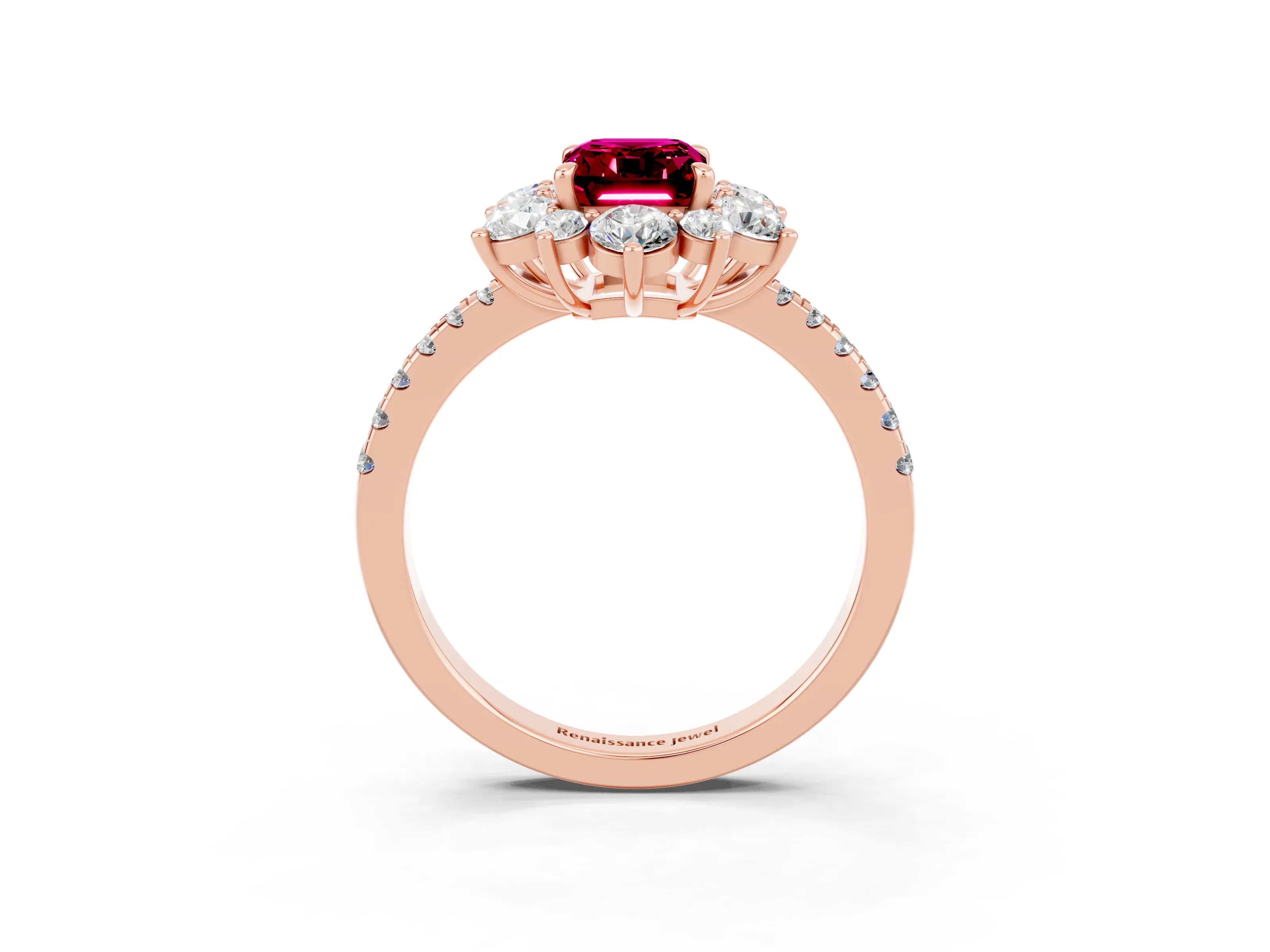 Rose gold Emerald Cut Cut Diamond Floral Halo Pave Band with Prong Setting_3