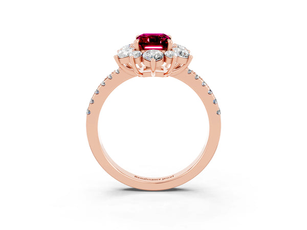 Rose gold Emerald Cut Garnet Floral Halo Ring with Round Pavé Band and Prong Setting