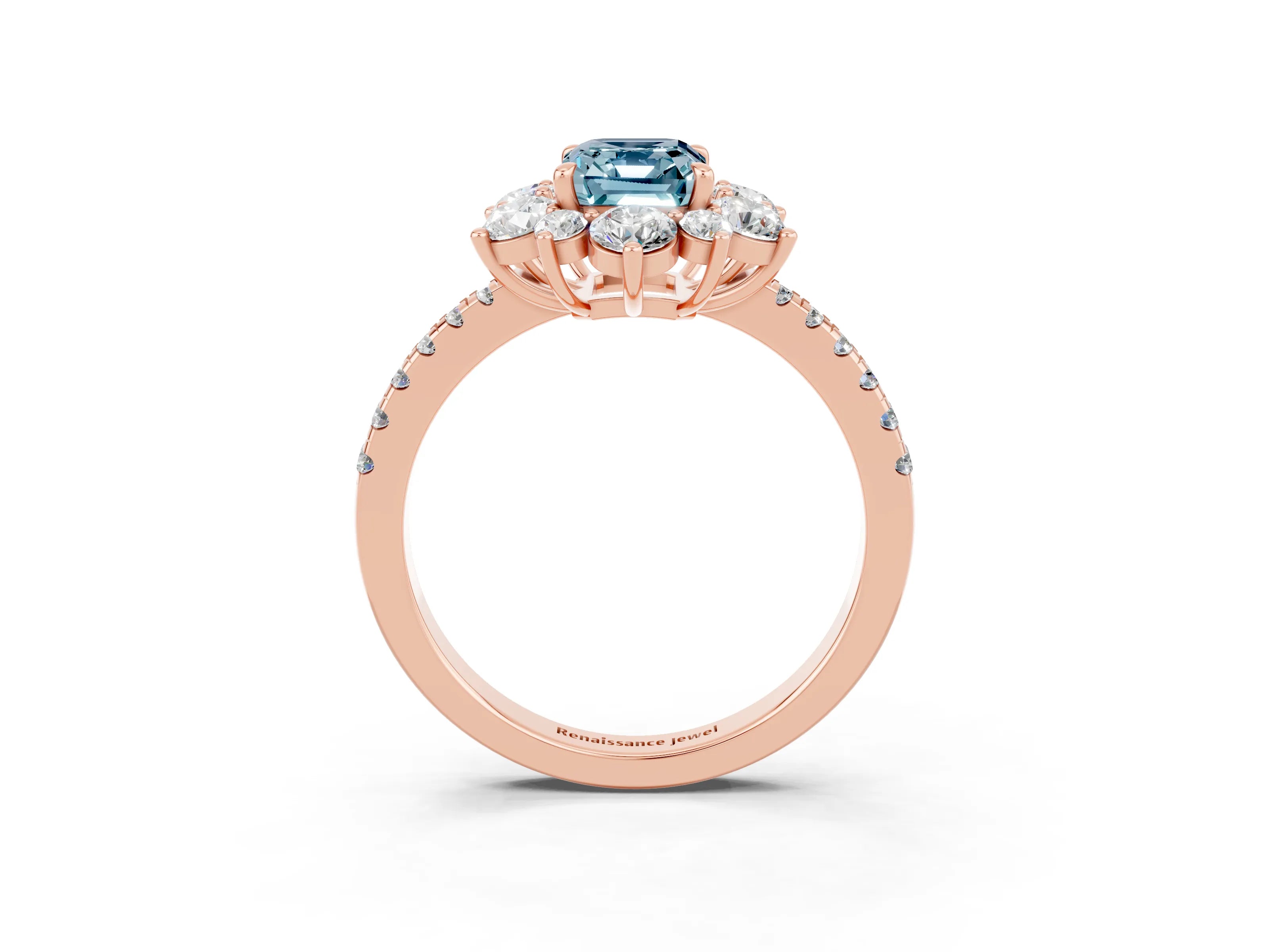 Rose gold Emerald Cut Cut Diamond Floral Halo Pave Band with Prong Setting_3