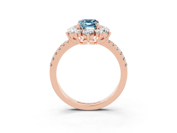 Rose gold Emerald Cut Aquamarine Floral Halo Ring with Round Pavé Band and Prong Setting