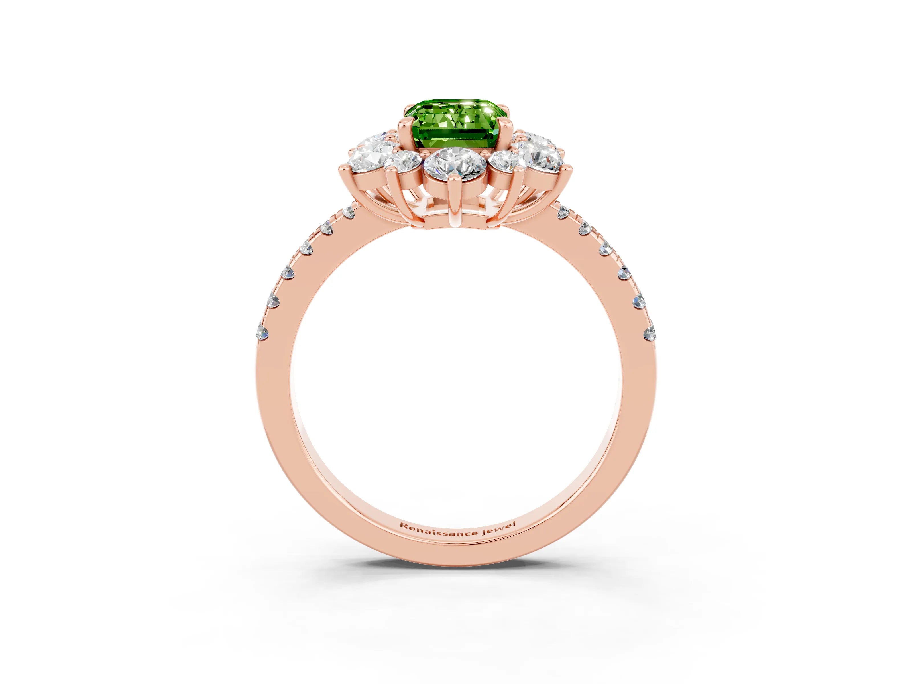 Rose gold Emerald Cut Cut Diamond Floral Halo Pave Band with Prong Setting_3