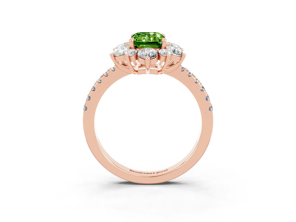 Rose gold Emerald Cut Cut Diamond Floral Halo Pave Band with Prong Setting
