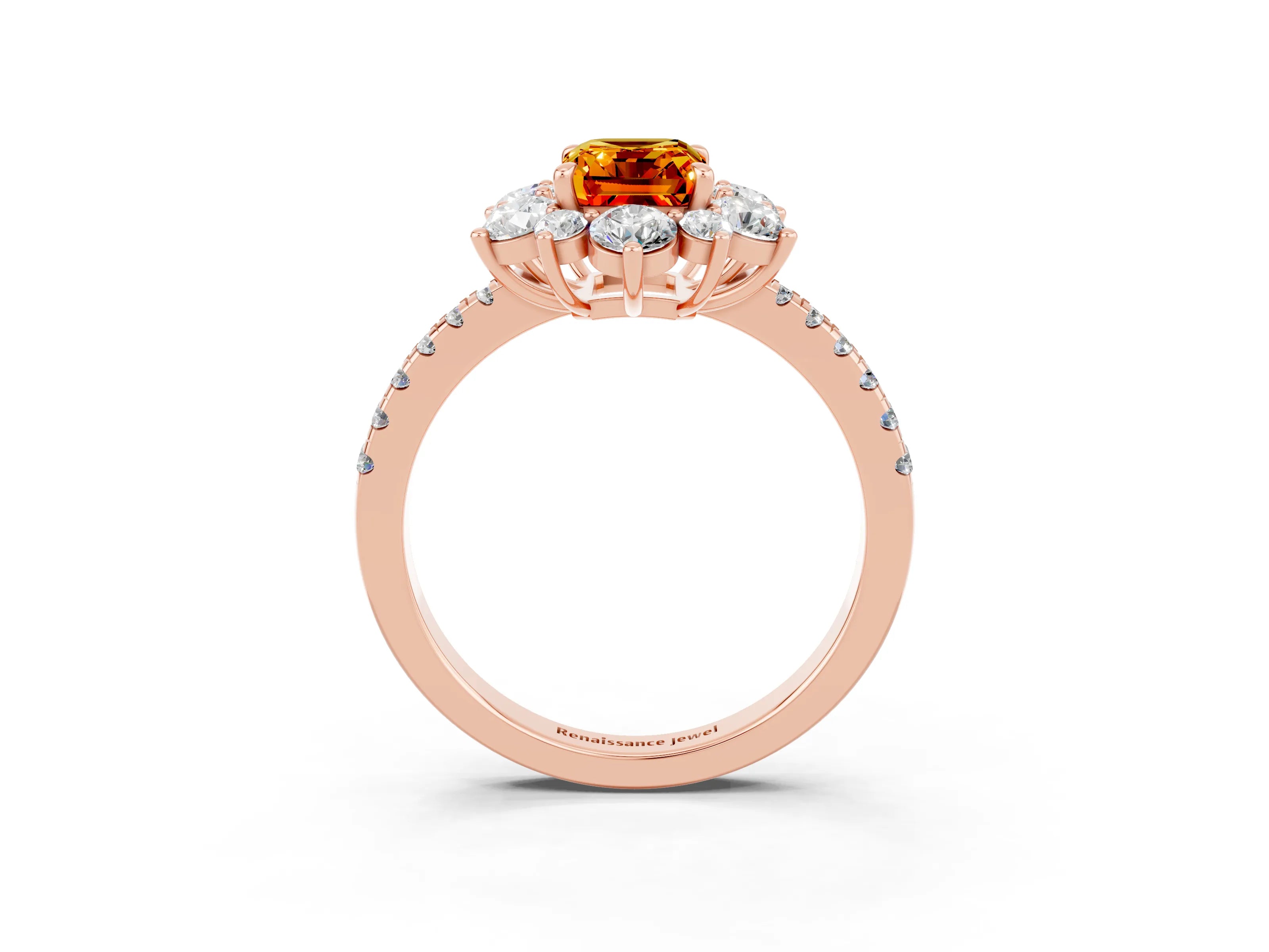Rose gold Emerald Cut Cut Diamond Floral Halo Pave Band with Prong Setting_3