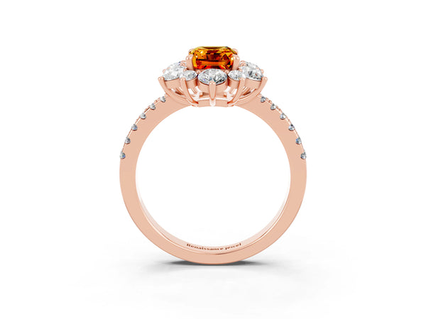 Rose gold Emerald Cut Citrine Floral Halo Ring with Round Pavé Band and Prong Setting