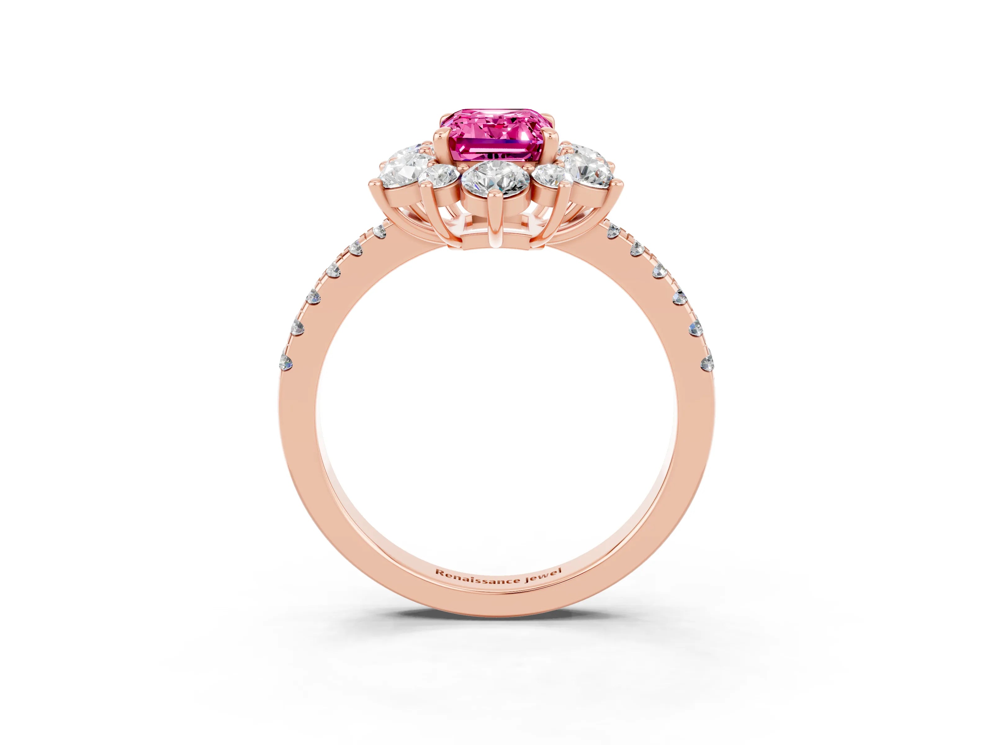 Rose gold Emerald Cut Cut Diamond Floral Halo Pave Band with Prong Setting_3