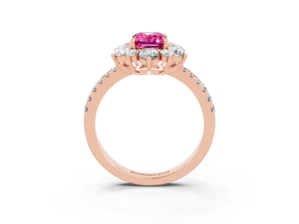 Rose gold Emerald Cut Pink Sapphire Floral Halo Ring with Round Pavé Band and Prong Setting