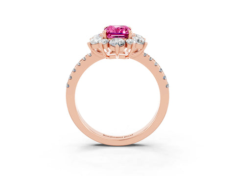 Rose gold Emerald Cut Cut Diamond Floral Halo Pave Band with Prong Setting_3