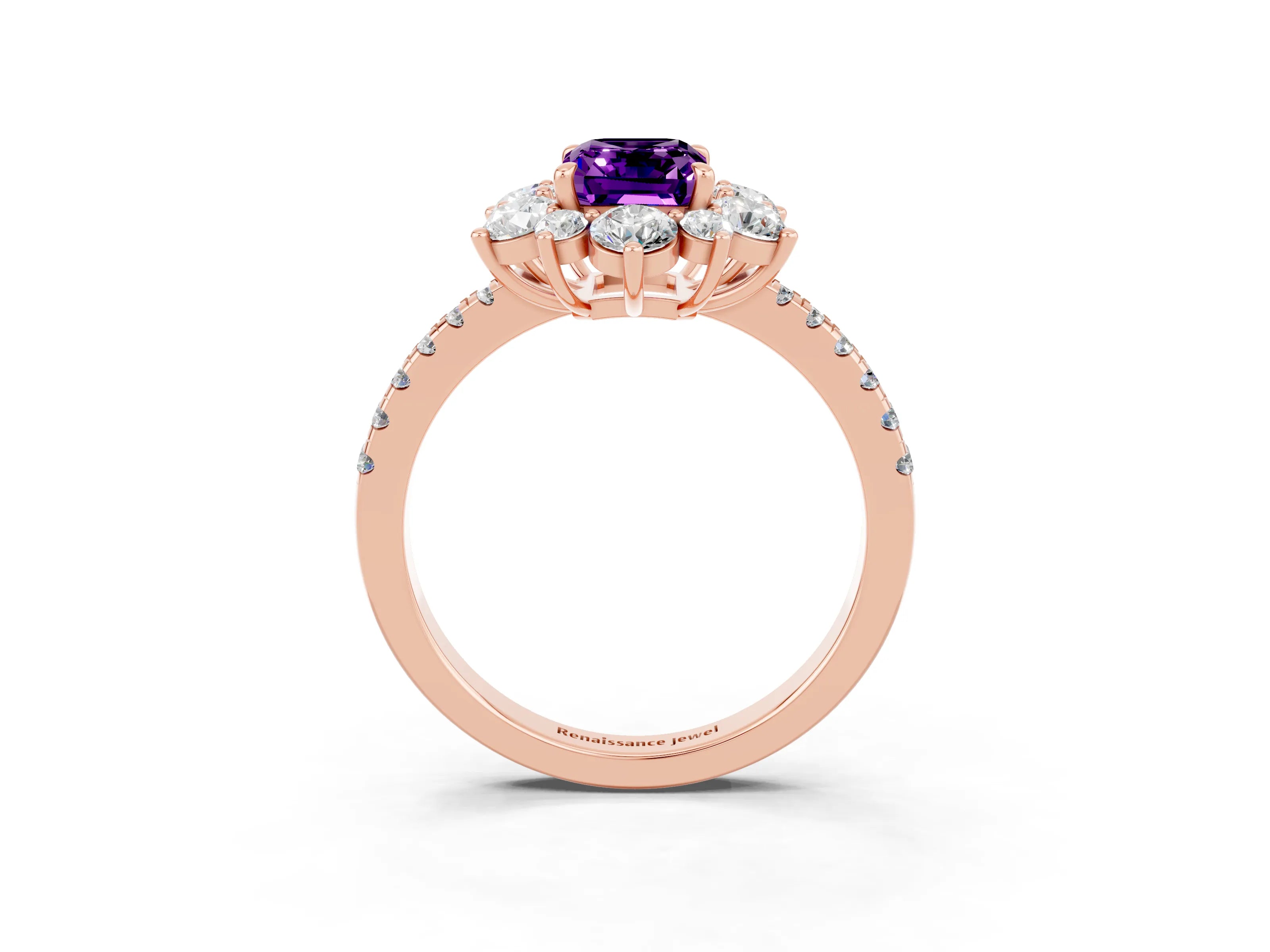 Rose gold Emerald Cut Cut Diamond Floral Halo Pave Band with Prong Setting_3