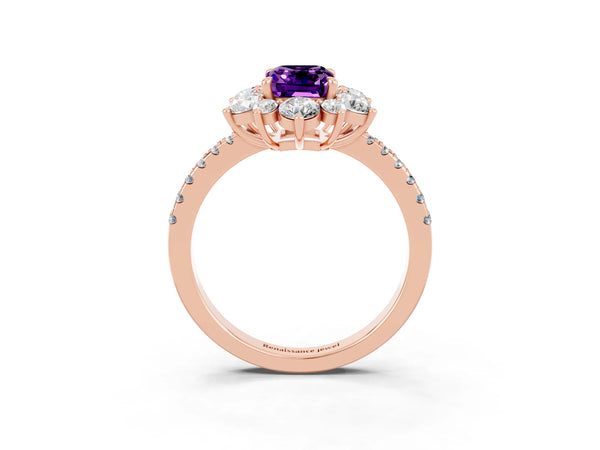 Rose gold Emerald Cut Amethyst Floral Halo Ring with Round Pavé Band and Prong Setting