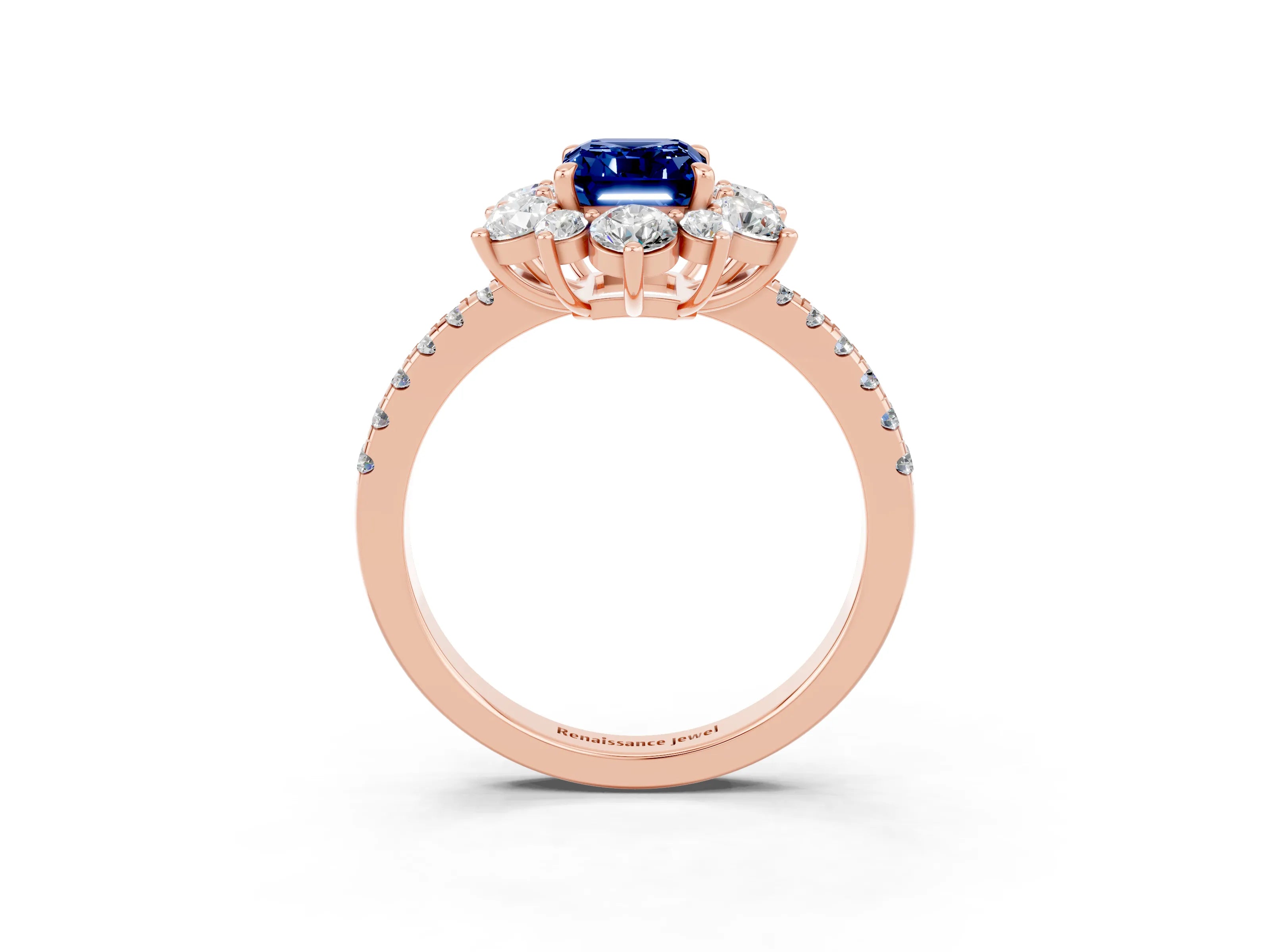 Rose gold Emerald Cut Cut Diamond Floral Halo Pave Band with Prong Setting_3