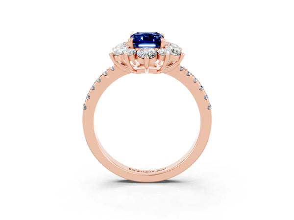 Rose gold Emerald Cut Blue Sapphire Floral Halo Ring with Round Pavé Band and Prong Setting