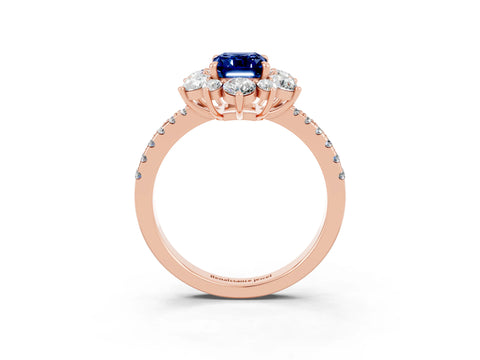 Rose gold Emerald Cut Cut Diamond Floral Halo Pave Band with Prong Setting_3