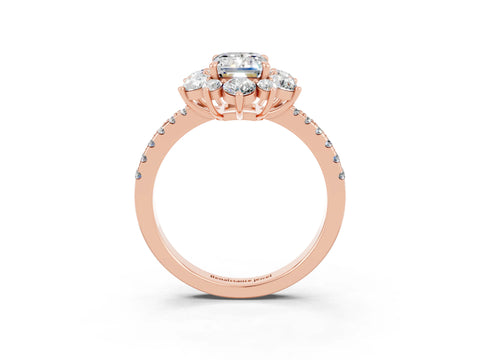 Rose gold Emerald Cut Cut Diamond Floral Halo Pave Band with Prong Setting_3