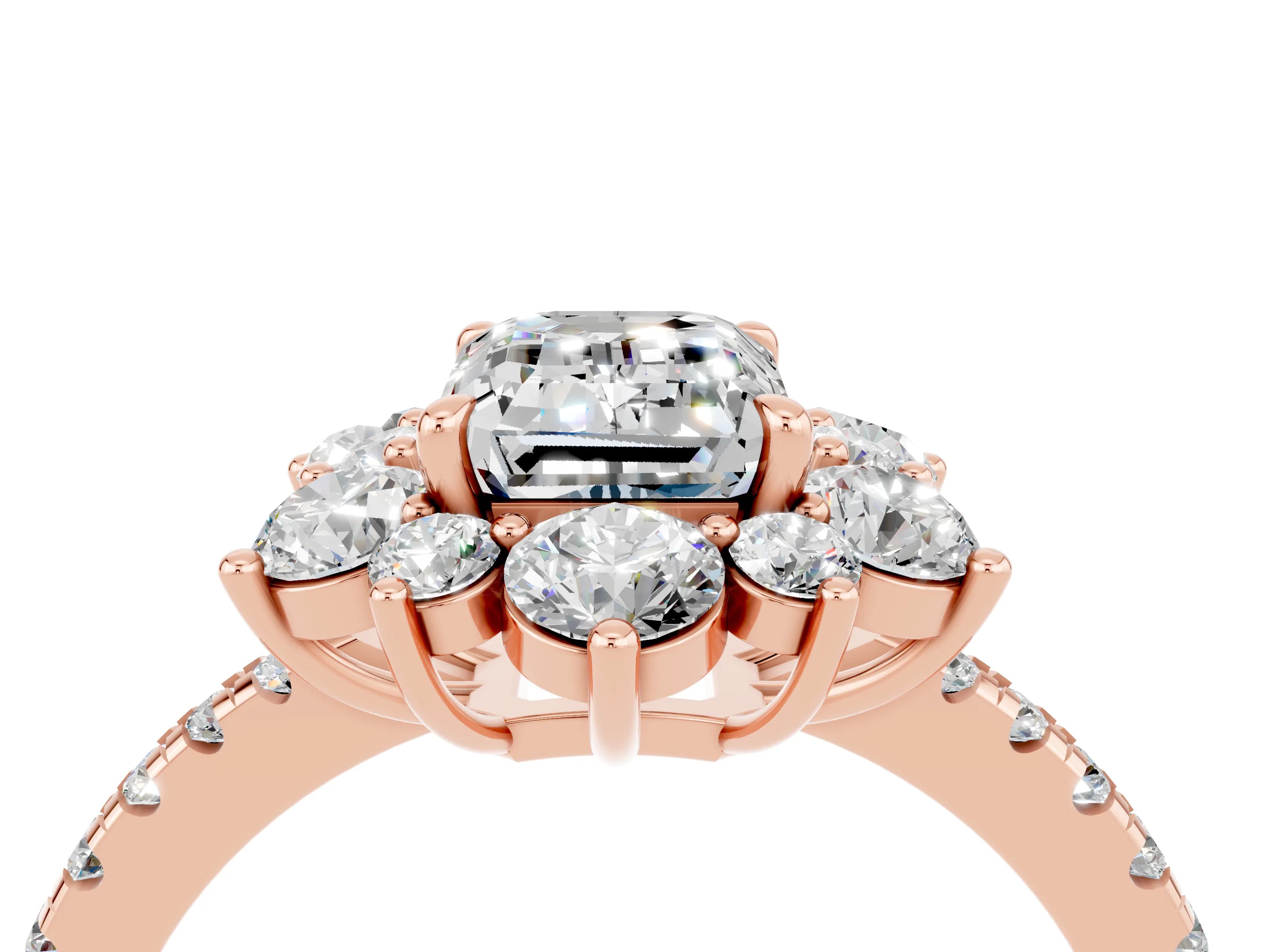 Rose gold Emerald Cut Cut Diamond Floral Halo Pave Band with Prong Setting_4