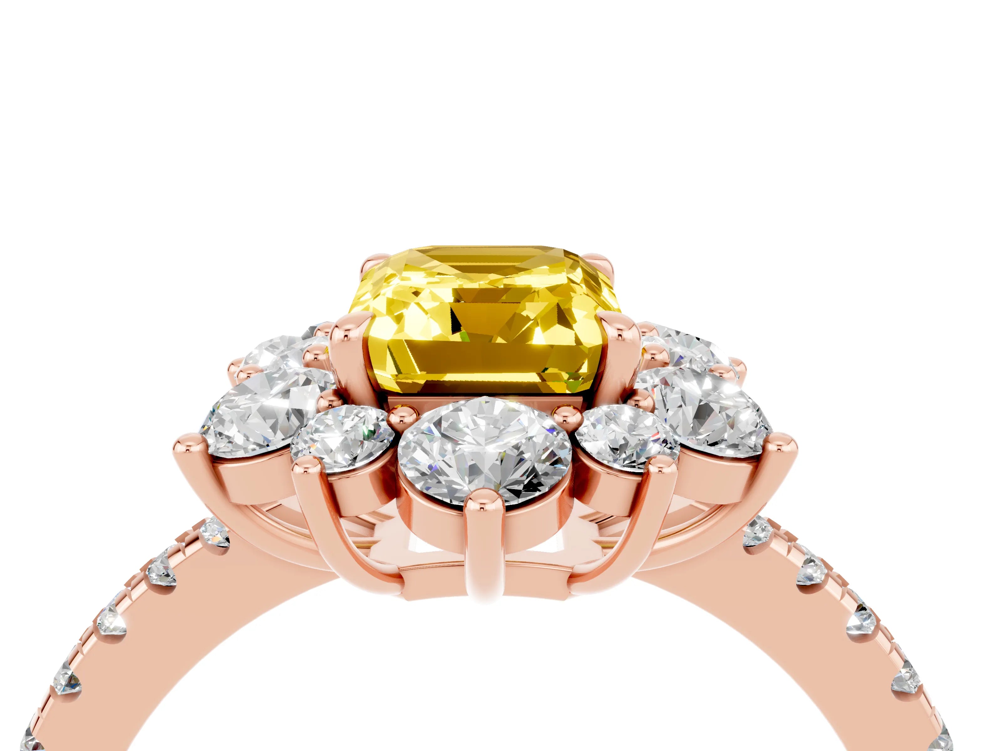 Rose gold Emerald Cut Cut Diamond Floral Halo Pave Band with Prong Setting_4