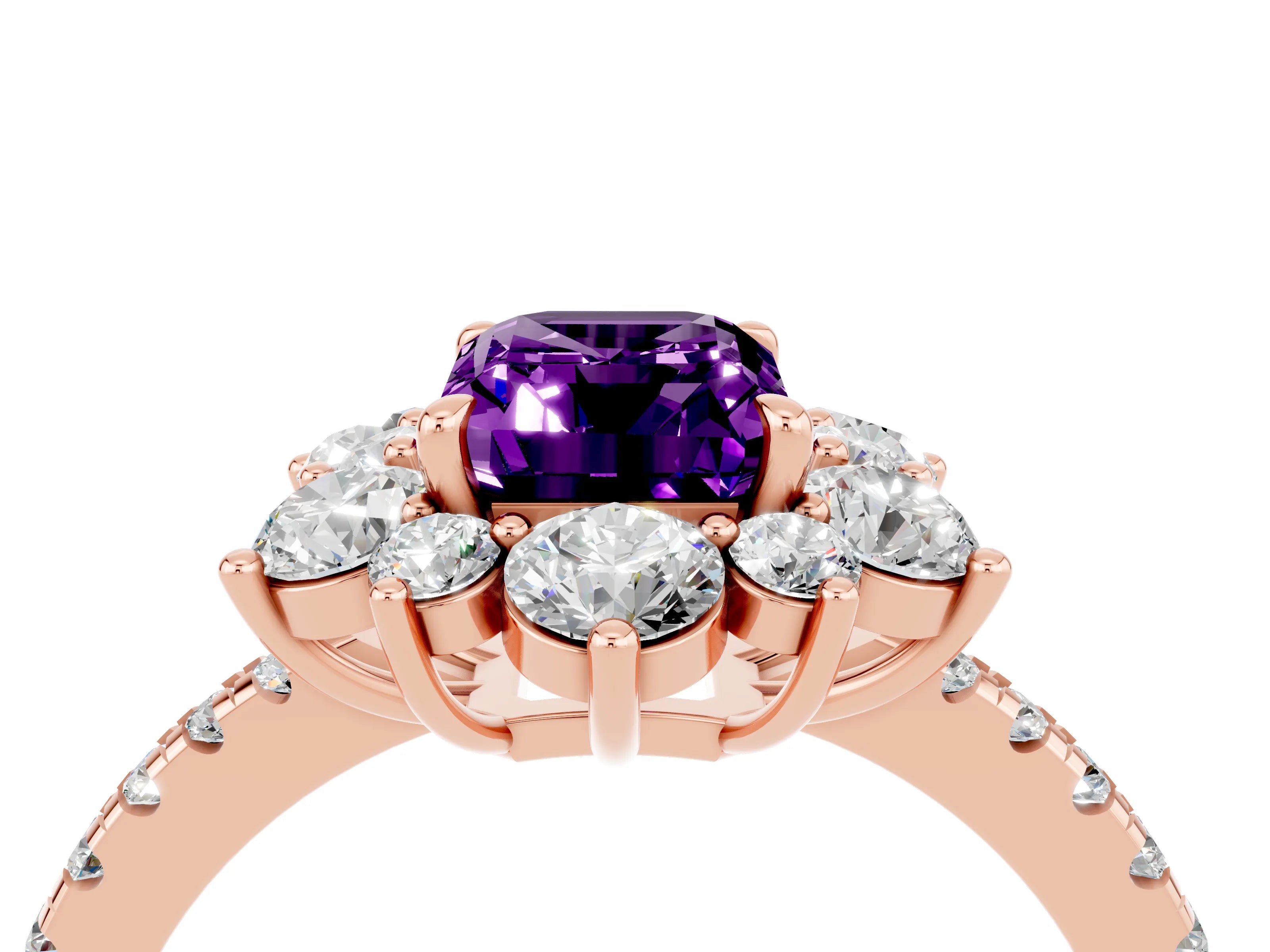Rose gold Emerald Cut Cut Diamond Floral Halo Pave Band with Prong Setting_4