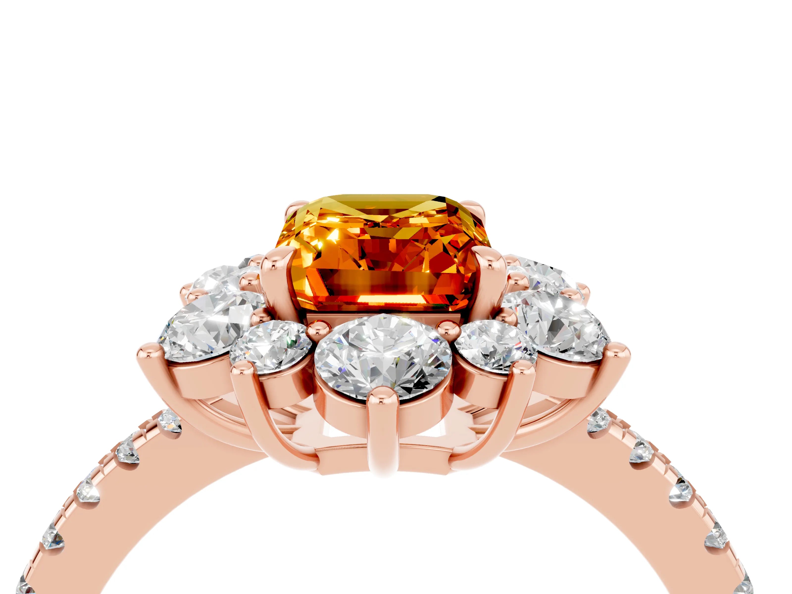 Rose gold Emerald Cut Cut Diamond Floral Halo Pave Band with Prong Setting_4