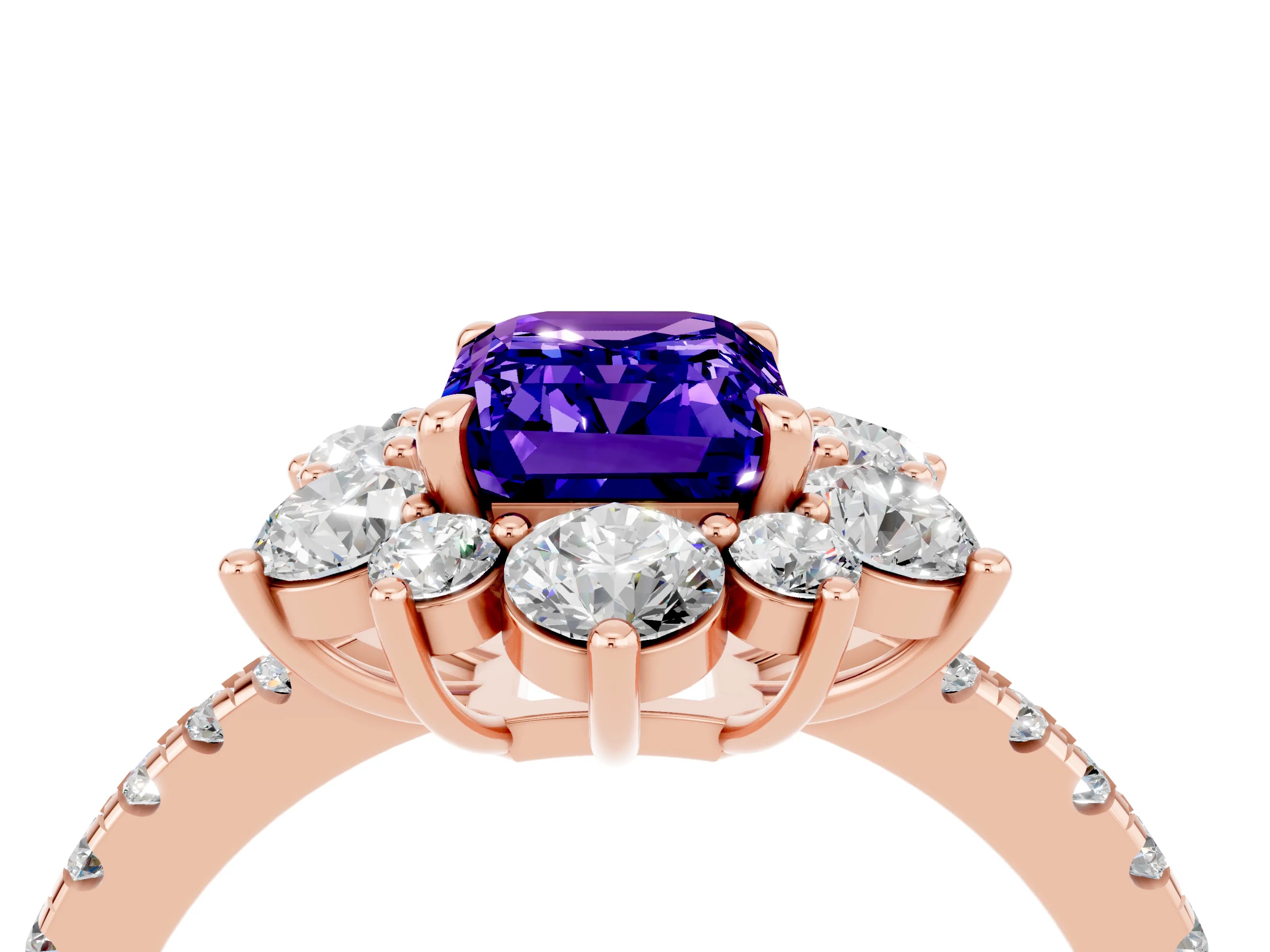 Rose gold Emerald Cut Cut Diamond Floral Halo Pave Band with Prong Setting_4