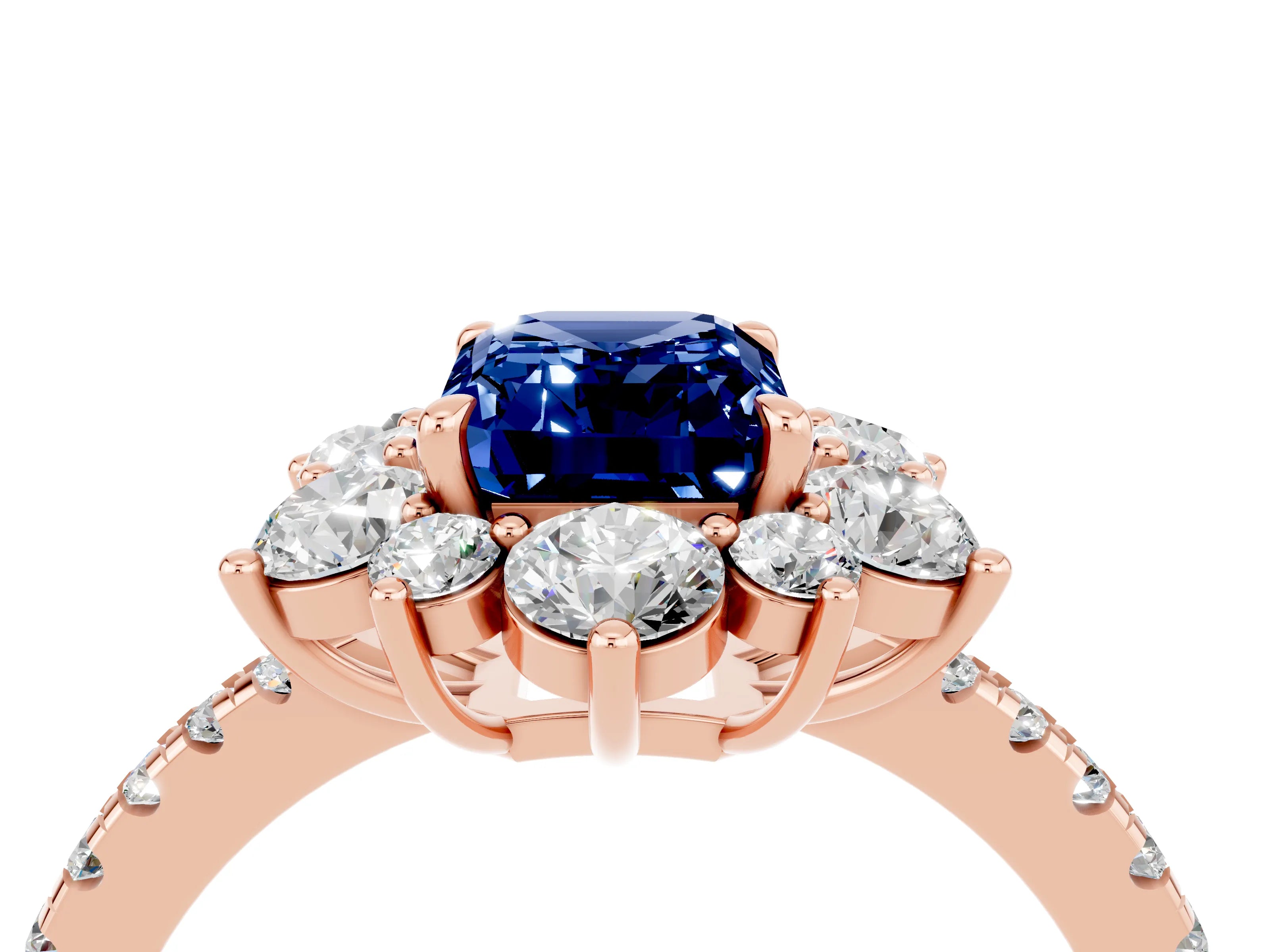 Rose gold Emerald Cut Cut Diamond Floral Halo Pave Band with Prong Setting_4