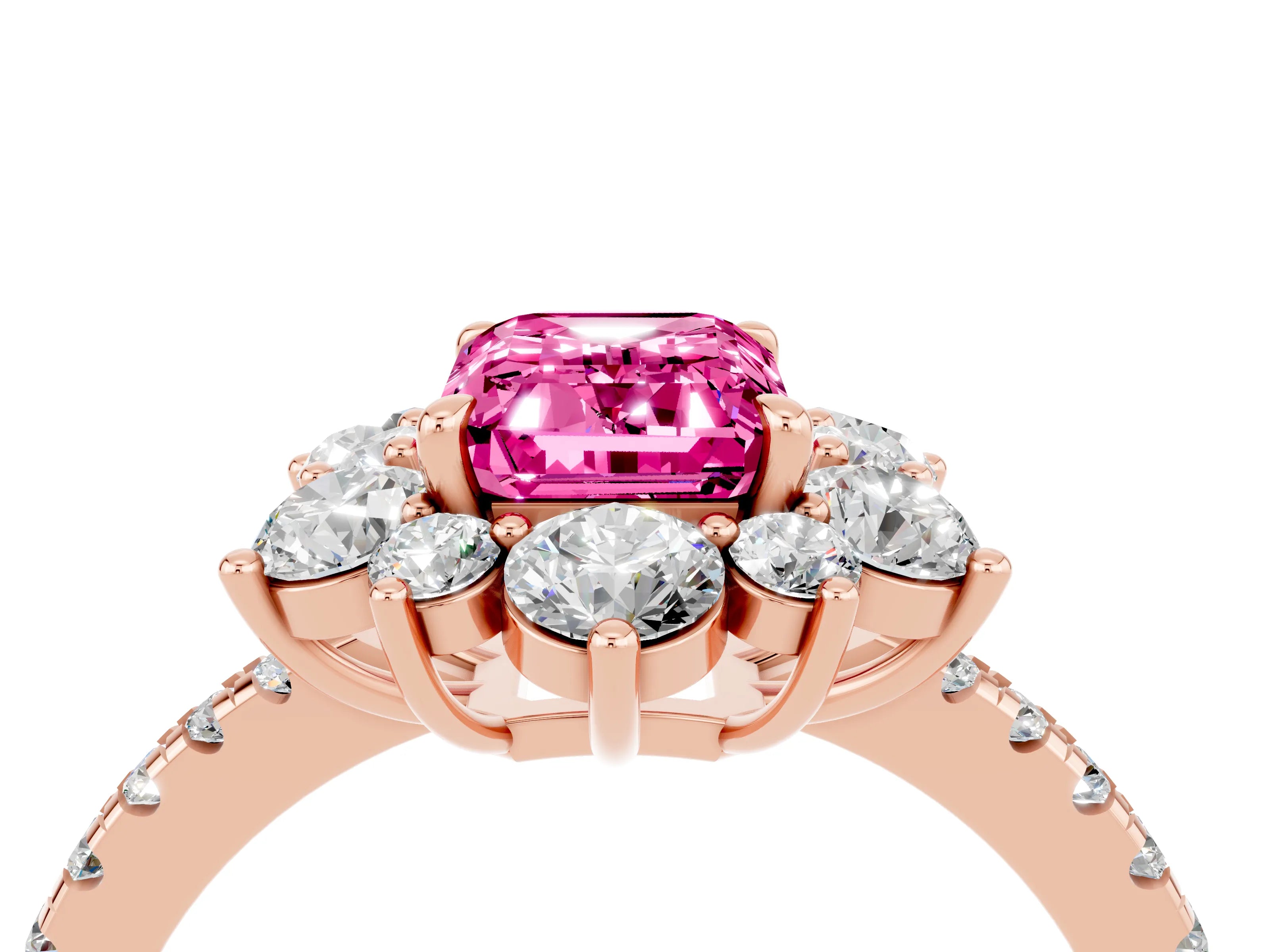 Rose gold Emerald Cut Cut Diamond Floral Halo Pave Band with Prong Setting_4
