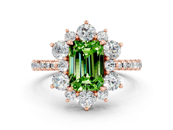 Rose gold Emerald Cut Cut Diamond Floral Halo Pave Band with Prong Setting