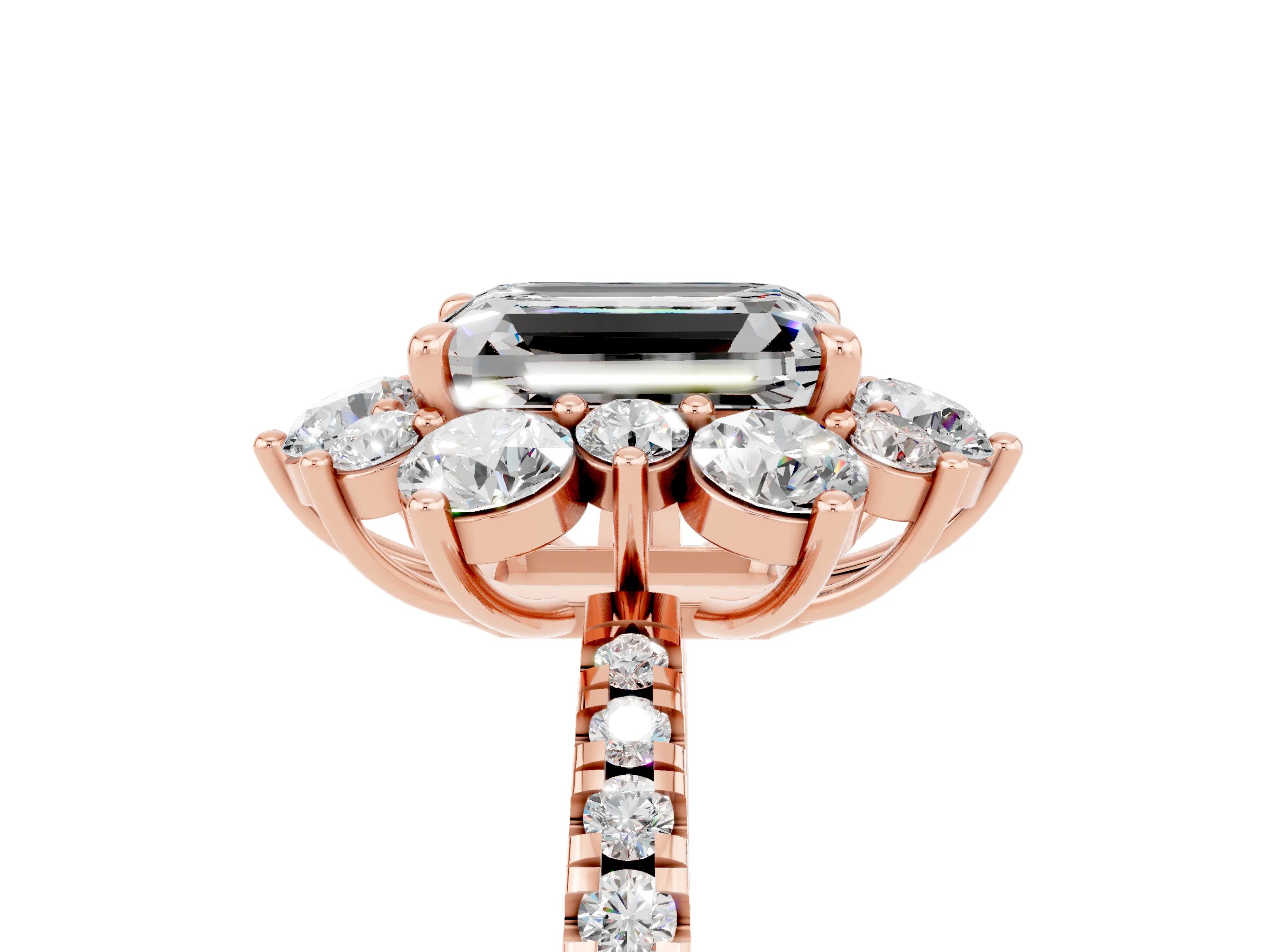 Rose gold Emerald Cut Cut Diamond Floral Halo Pave Band with Prong Setting_5