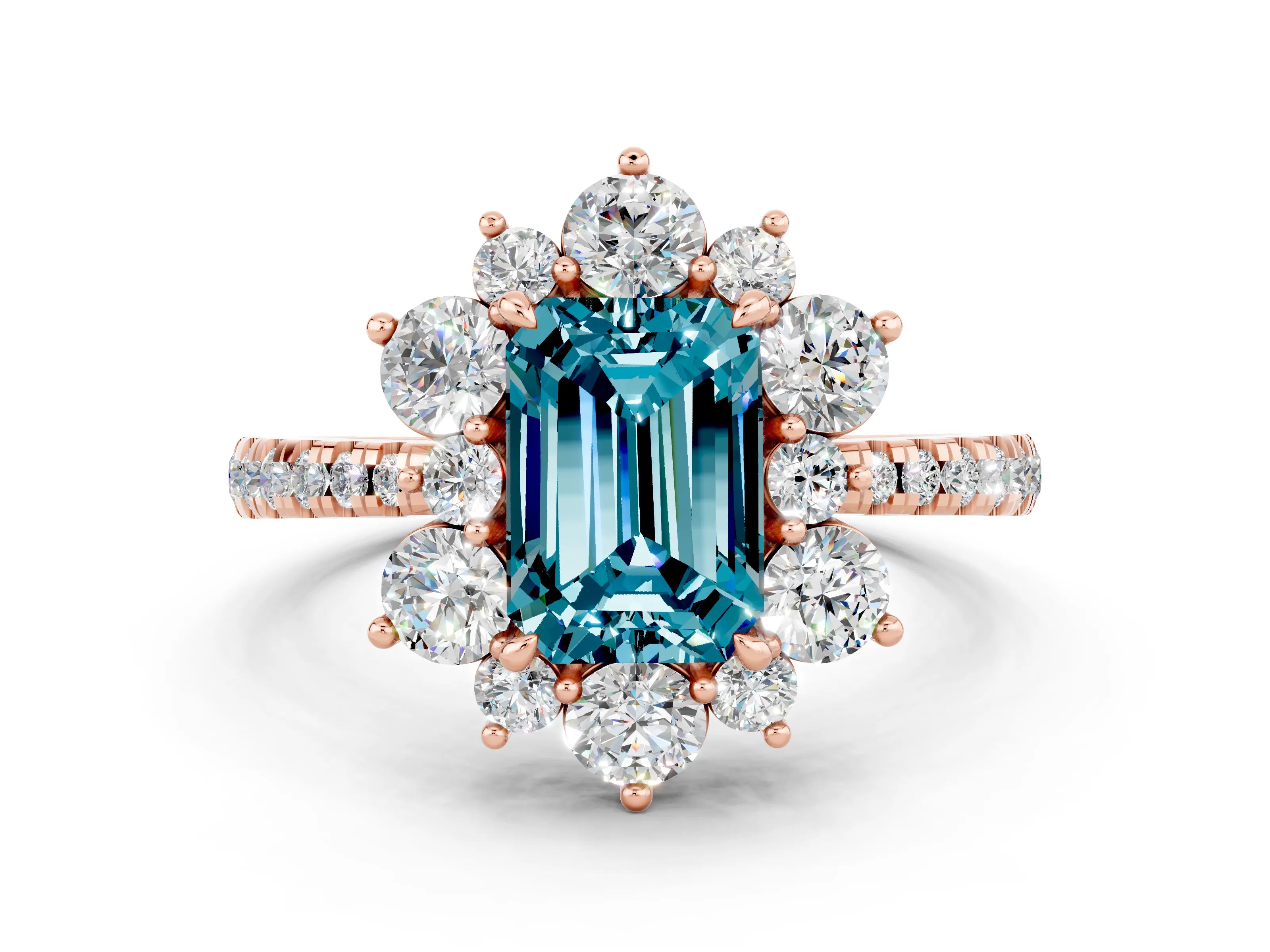 Rose gold Emerald Cut Cut Diamond Floral Halo Pave Band with Prong Setting