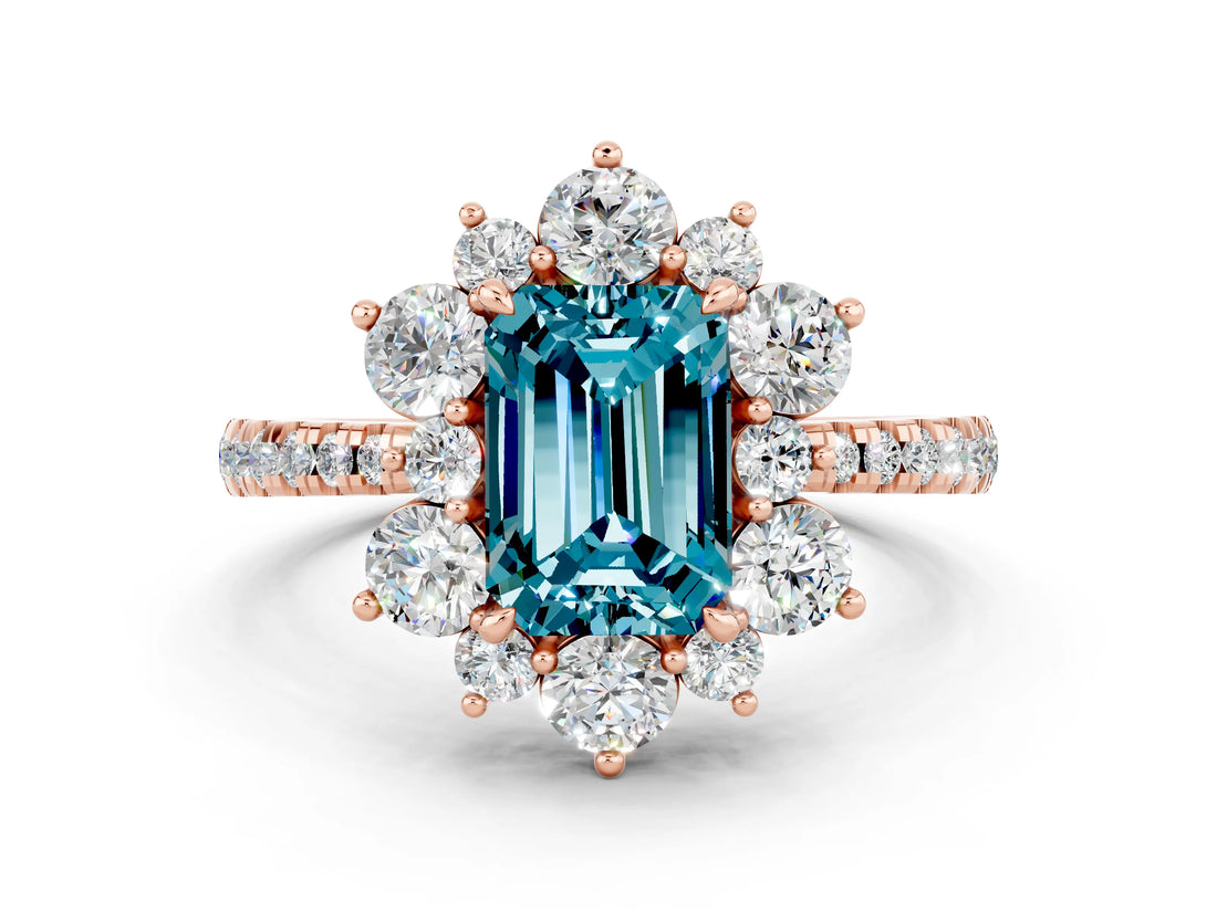 Rose gold Emerald Cut Cut Diamond Floral Halo Pave Band with Prong Setting
