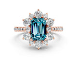 Rose gold Emerald Cut Cut Diamond Floral Halo Pave Band with Prong Setting