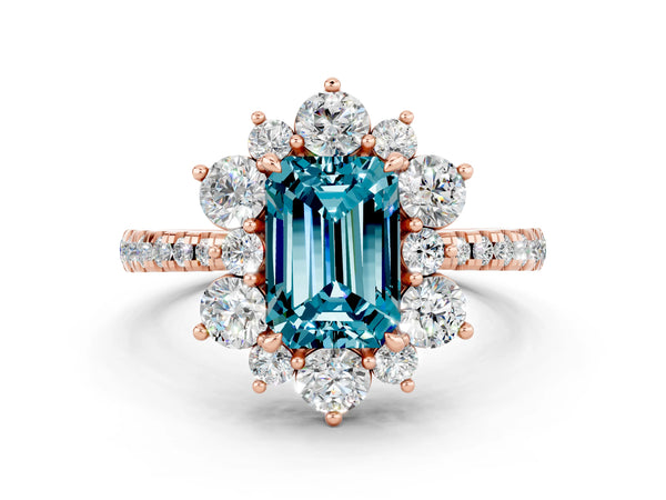 Rose gold Emerald Cut Cut Diamond Floral Halo Pave Band with Prong Setting