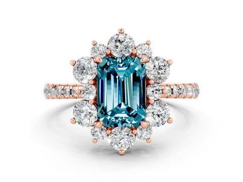 Rose gold Emerald Cut Cut Diamond Floral Halo Pave Band with Prong Setting