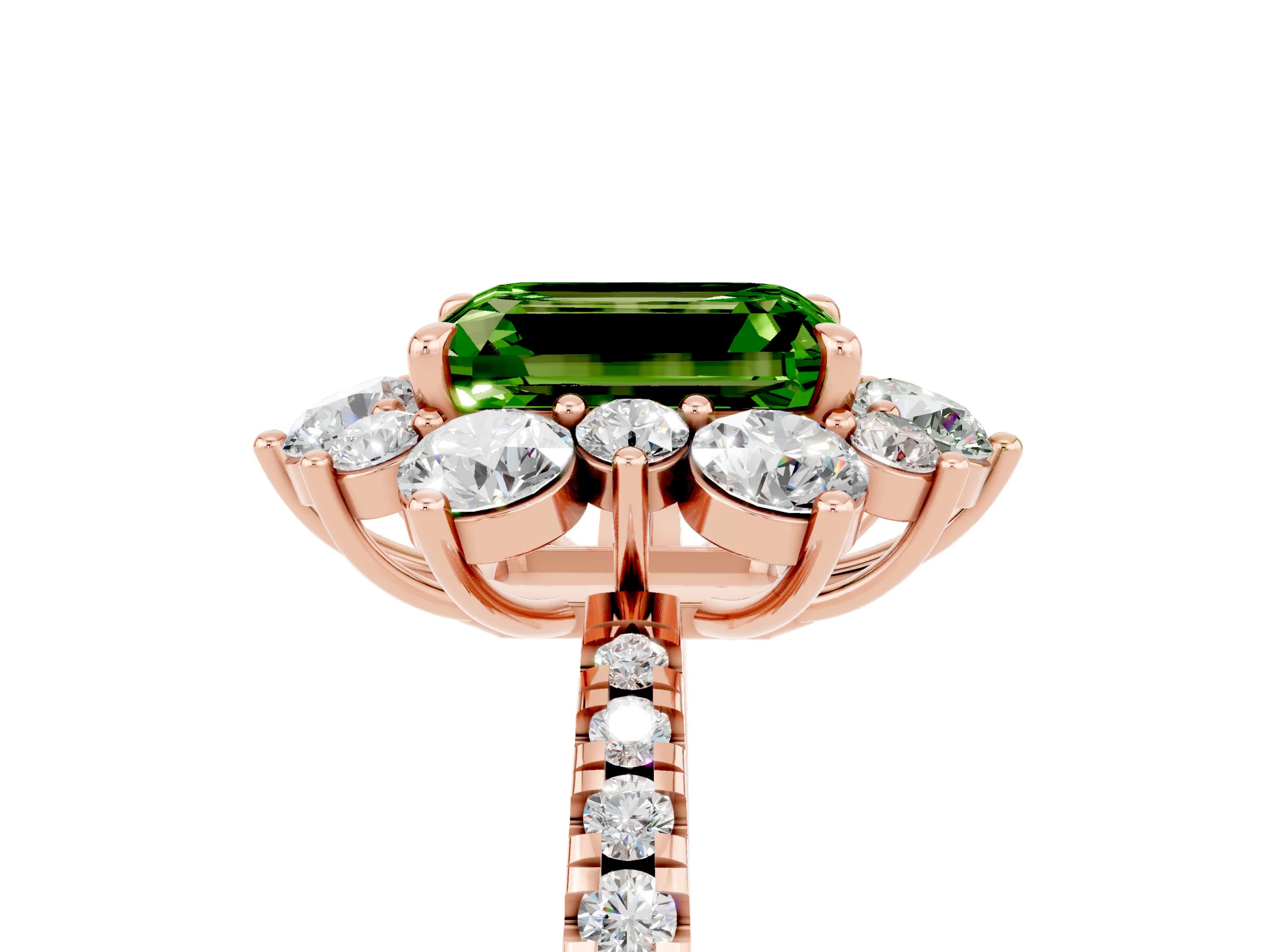 Rose gold Emerald Cut Cut Diamond Floral Halo Pave Band with Prong Setting_5