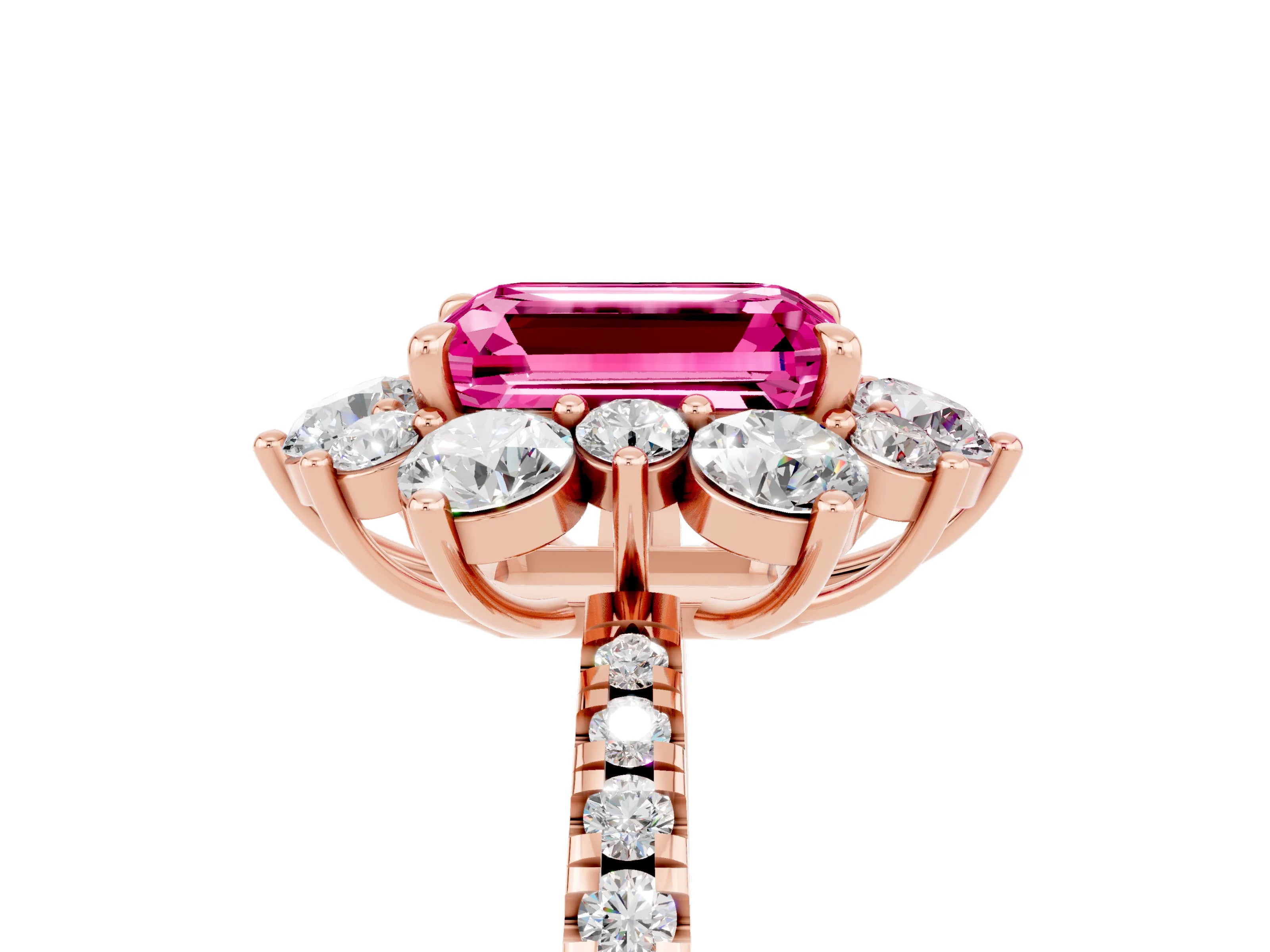 Rose gold Emerald Cut Cut Diamond Floral Halo Pave Band with Prong Setting_5