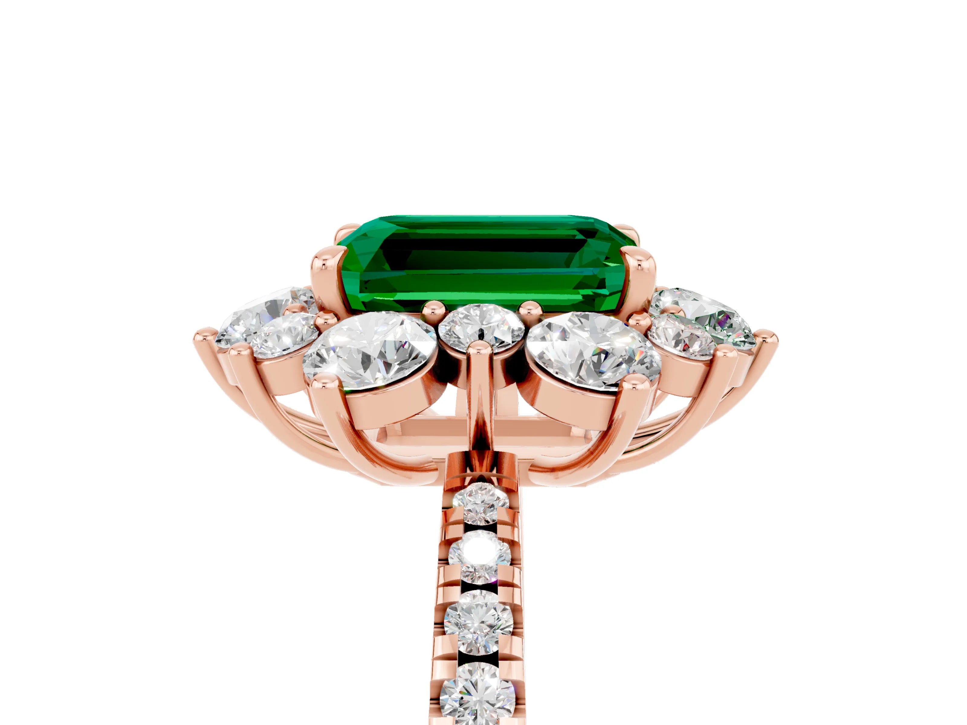 Rose gold Emerald Cut Cut Diamond Floral Halo Pave Band with Prong Setting_5