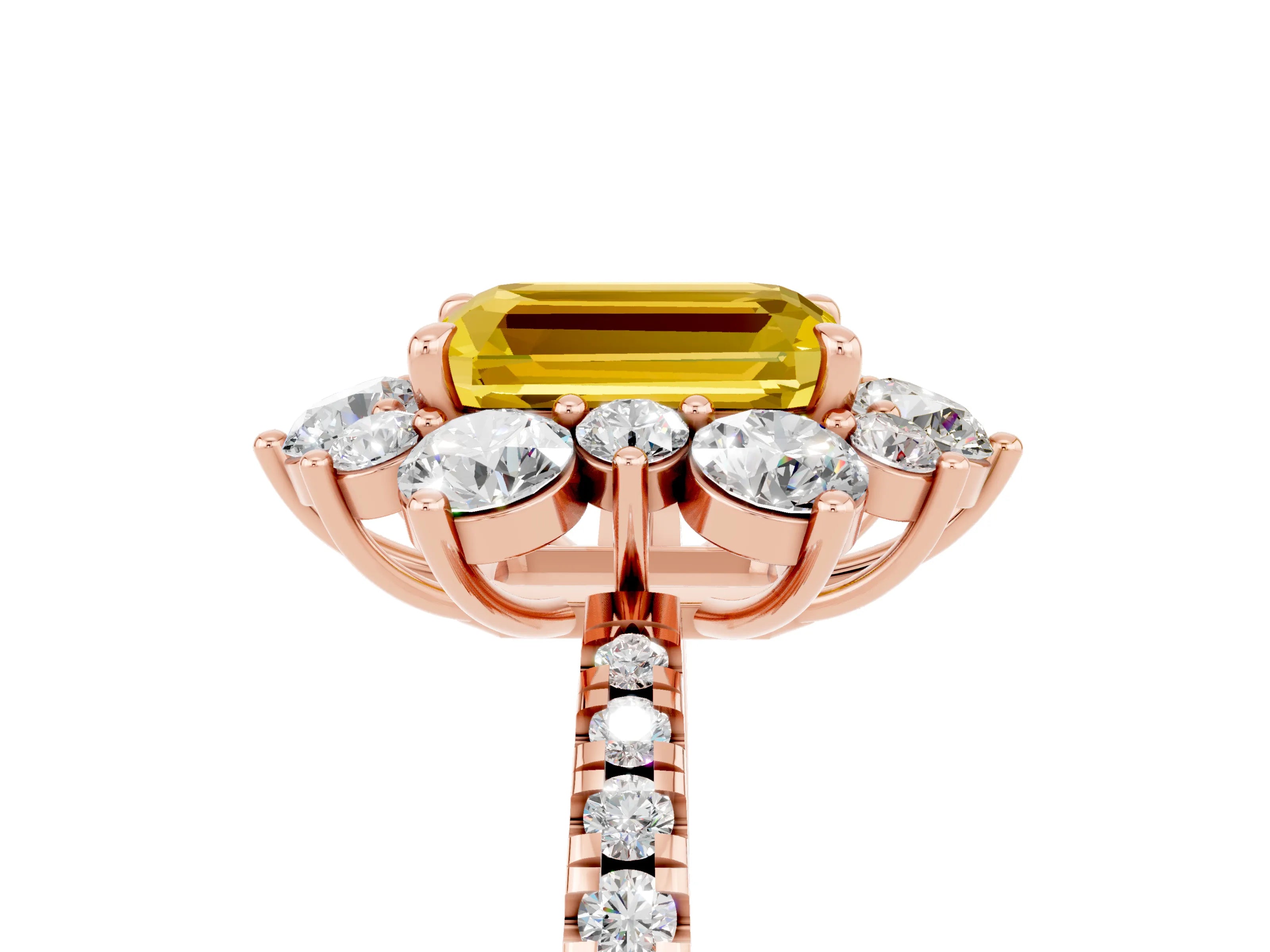 Rose gold Emerald Cut Cut Diamond Floral Halo Pave Band with Prong Setting_5