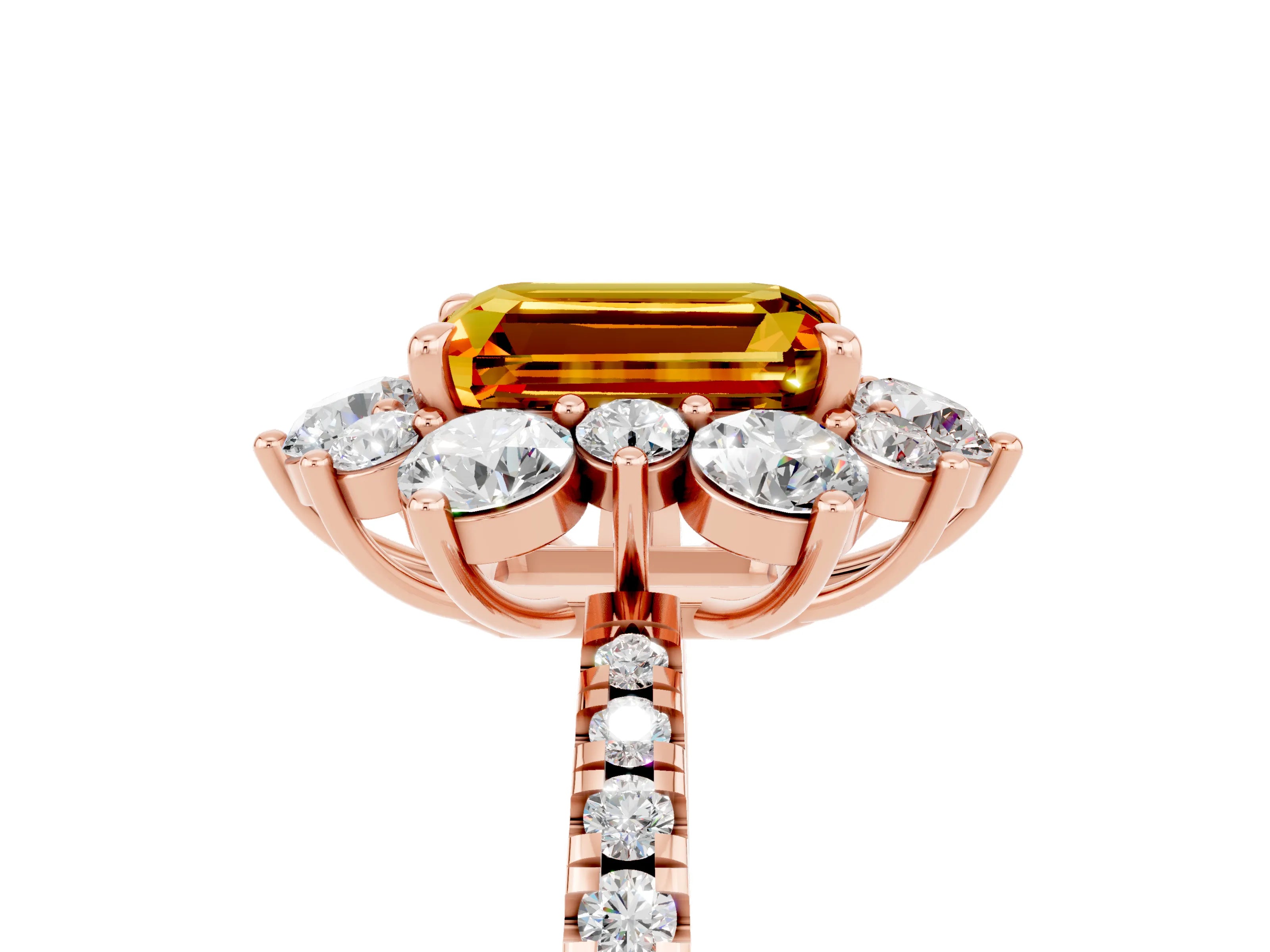 Rose gold Emerald Cut Cut Diamond Floral Halo Pave Band with Prong Setting_5
