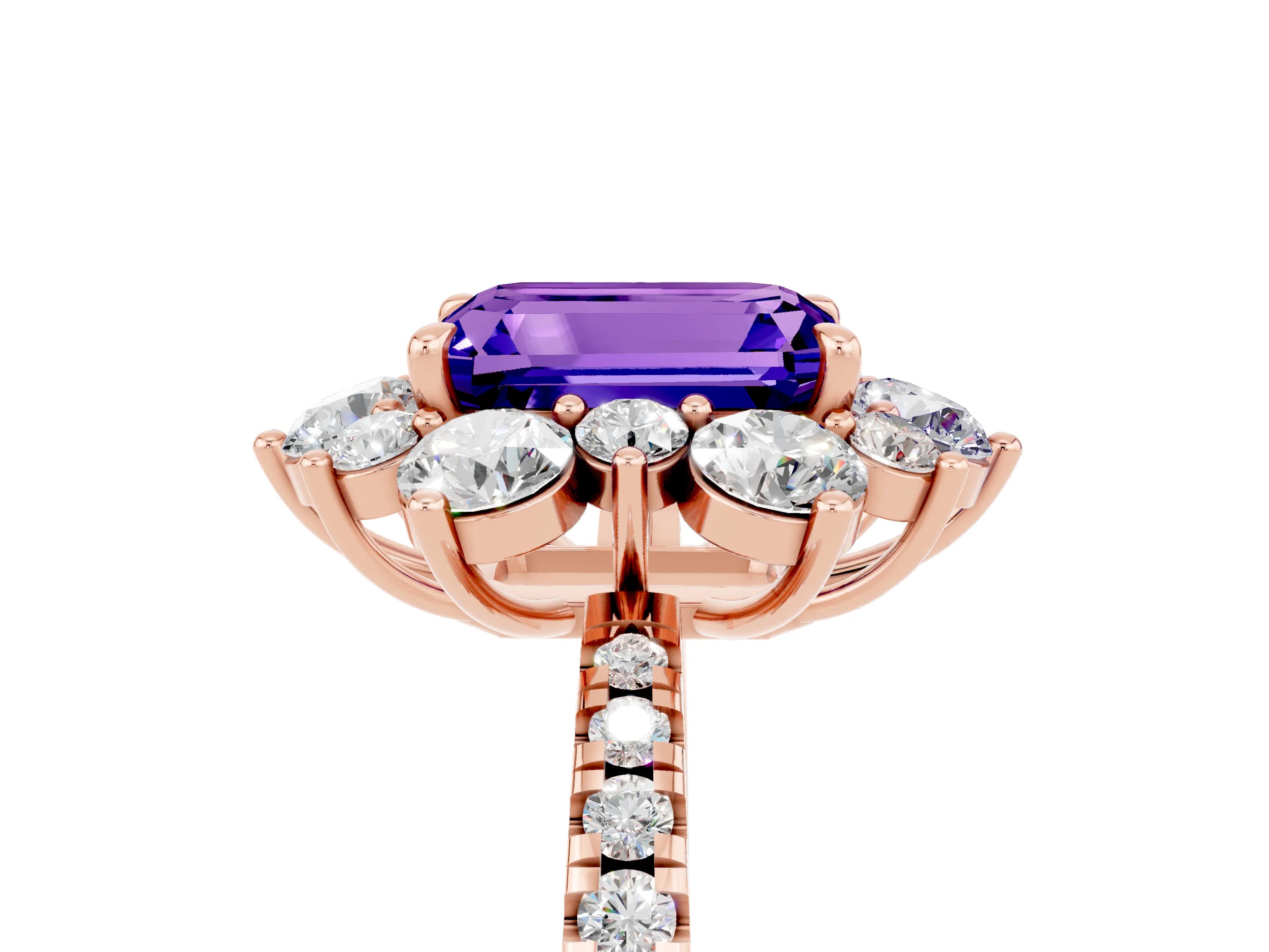 Rose gold Emerald Cut Cut Diamond Floral Halo Pave Band with Prong Setting_5