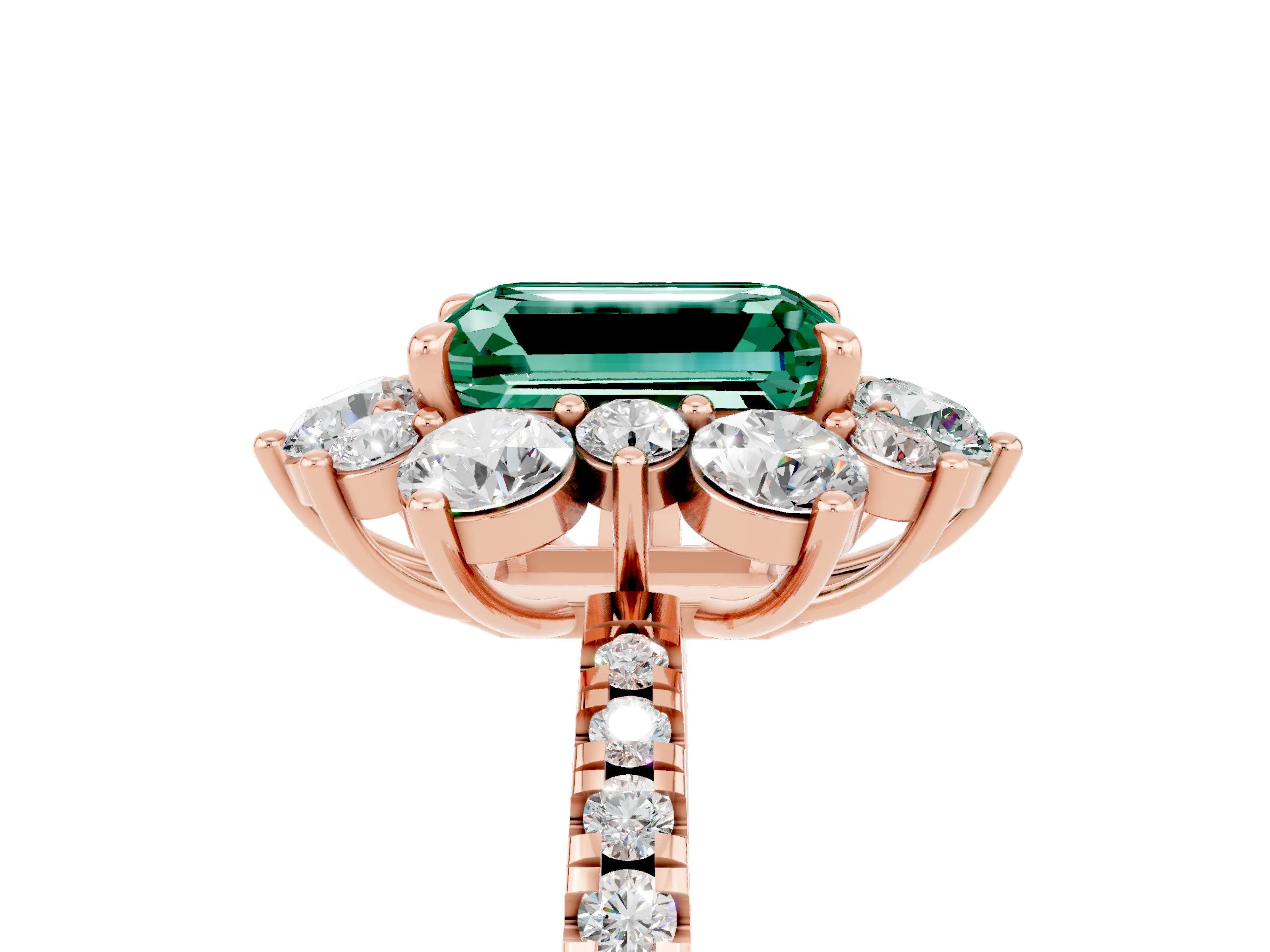 Rose gold Emerald Cut Cut Diamond Floral Halo Pave Band with Prong Setting_5