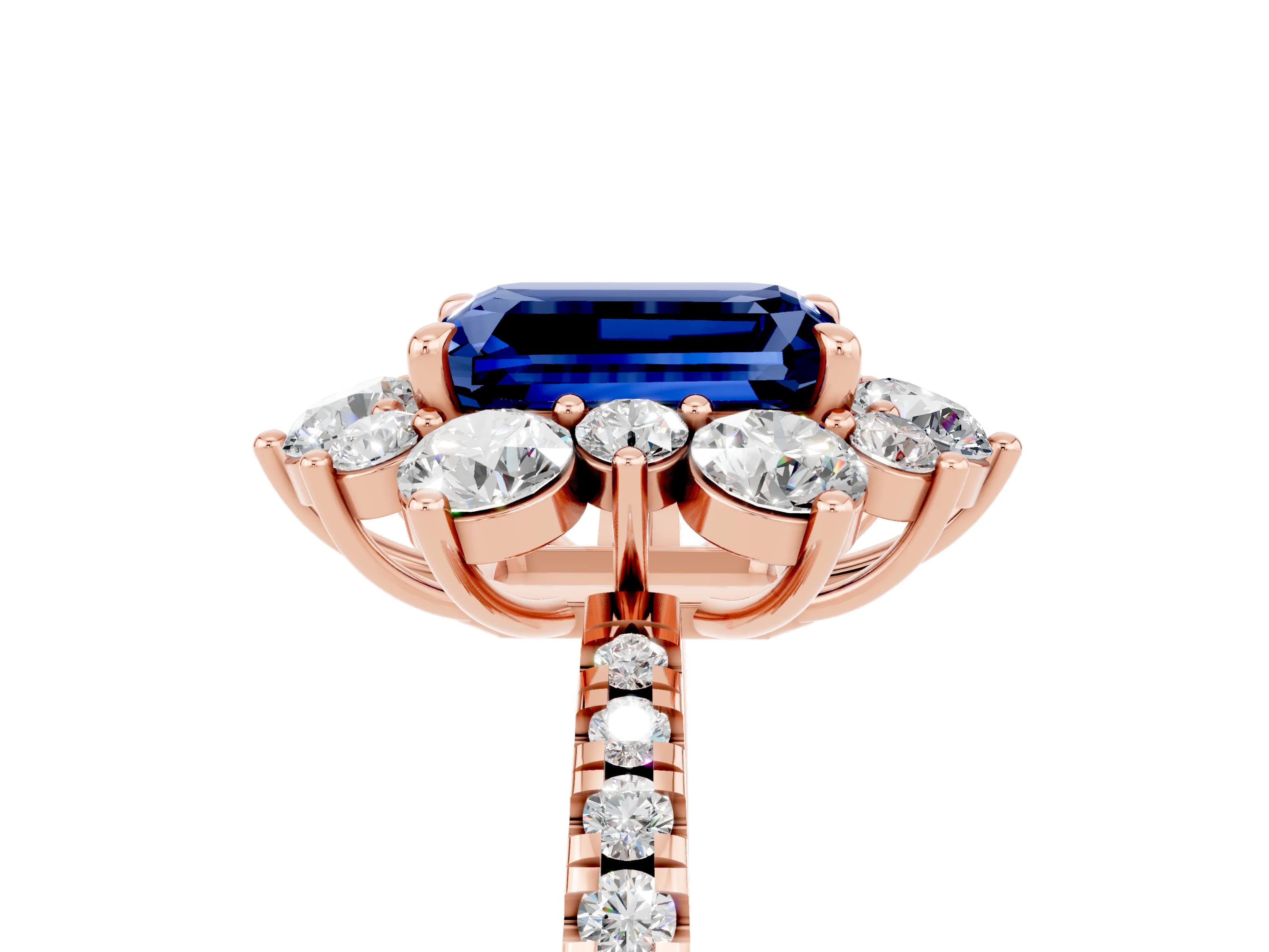 Rose gold Emerald Cut Cut Diamond Floral Halo Pave Band with Prong Setting_5