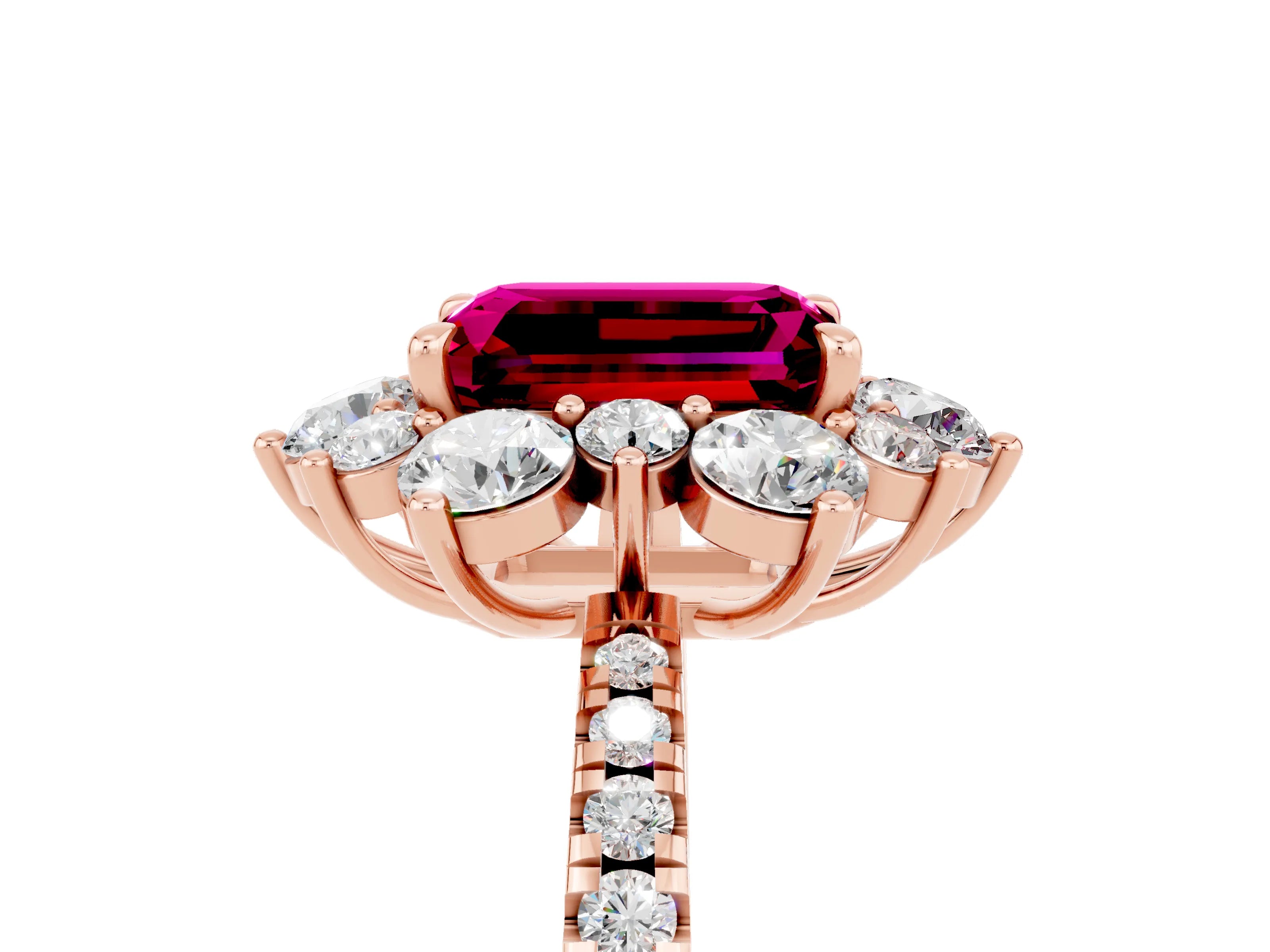 Rose gold Emerald Cut Cut Diamond Floral Halo Pave Band with Prong Setting_5