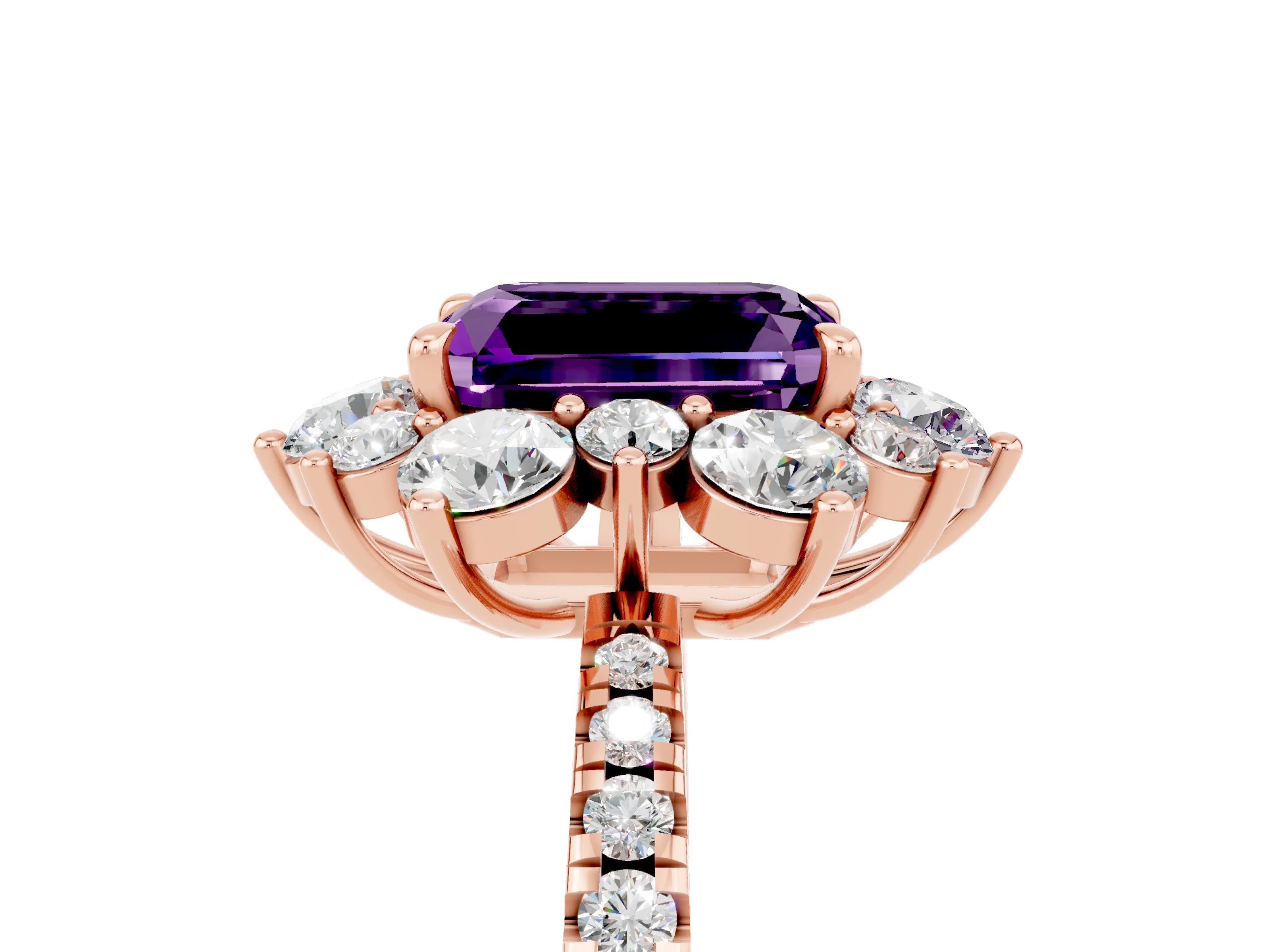 Rose gold Emerald Cut Cut Diamond Floral Halo Pave Band with Prong Setting_5