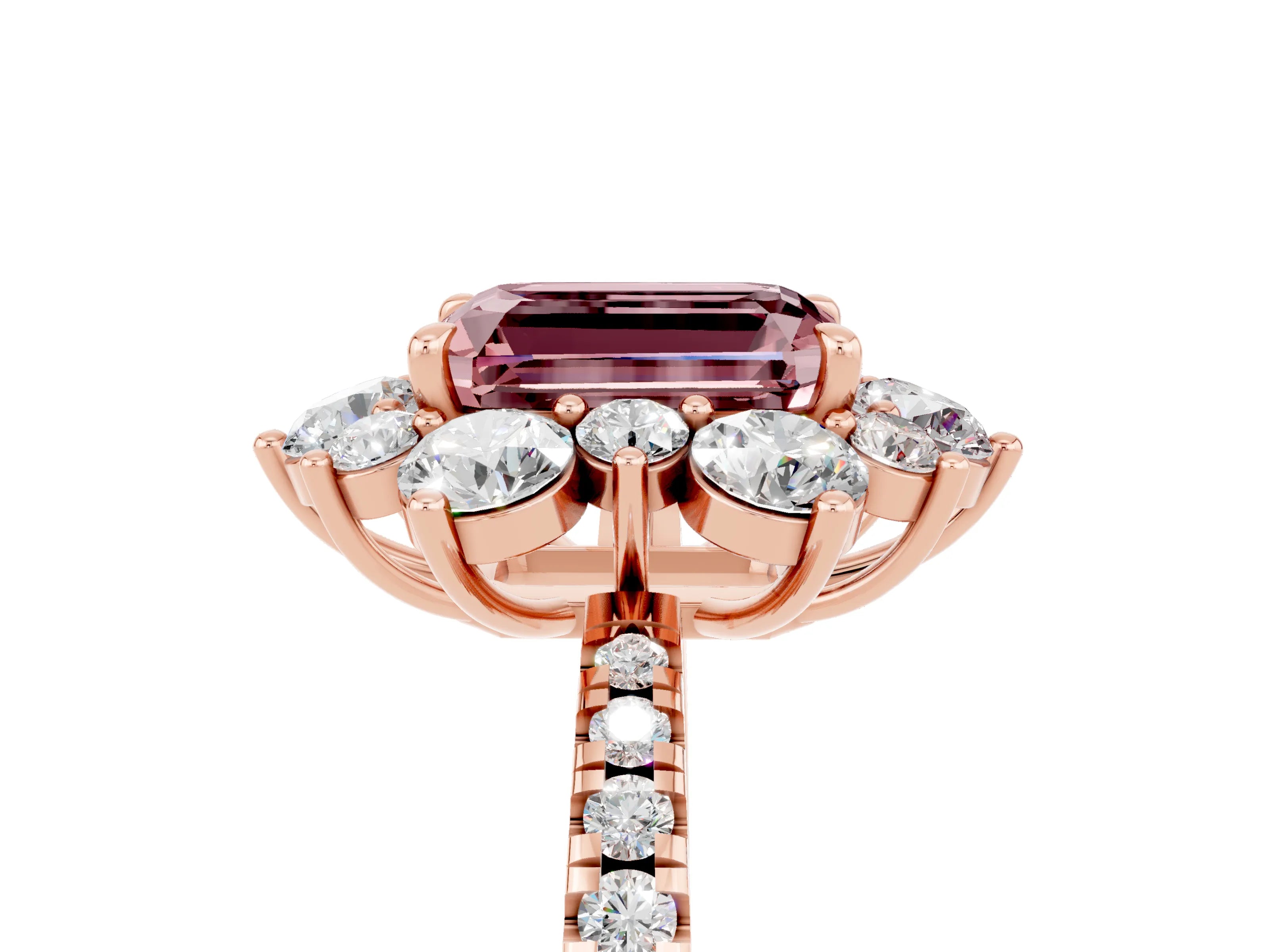 Rose gold Emerald Cut Cut Diamond Floral Halo Pave Band with Prong Setting_5