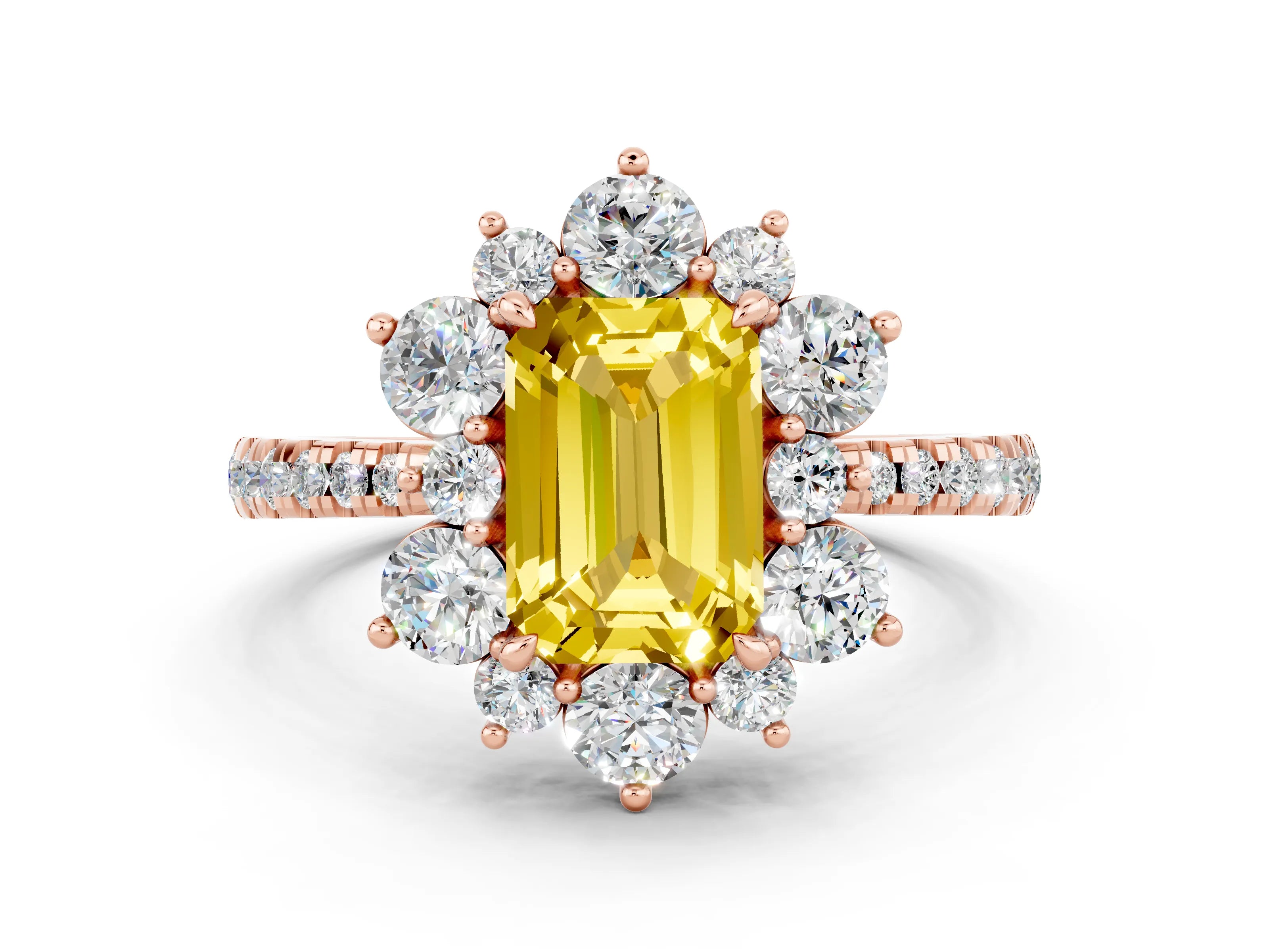 Rose gold Emerald Cut Cut Diamond Floral Halo Pave Band with Prong Setting