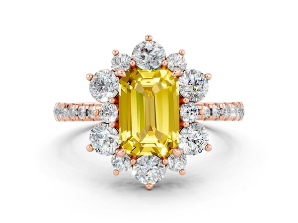 Rose gold Emerald Cut Yellow Sapphire Floral Halo Ring with Round Pavé Band and Prong Setting
