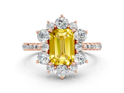 Rose gold Emerald Cut Cut Diamond Floral Halo Pave Band with Prong Setting